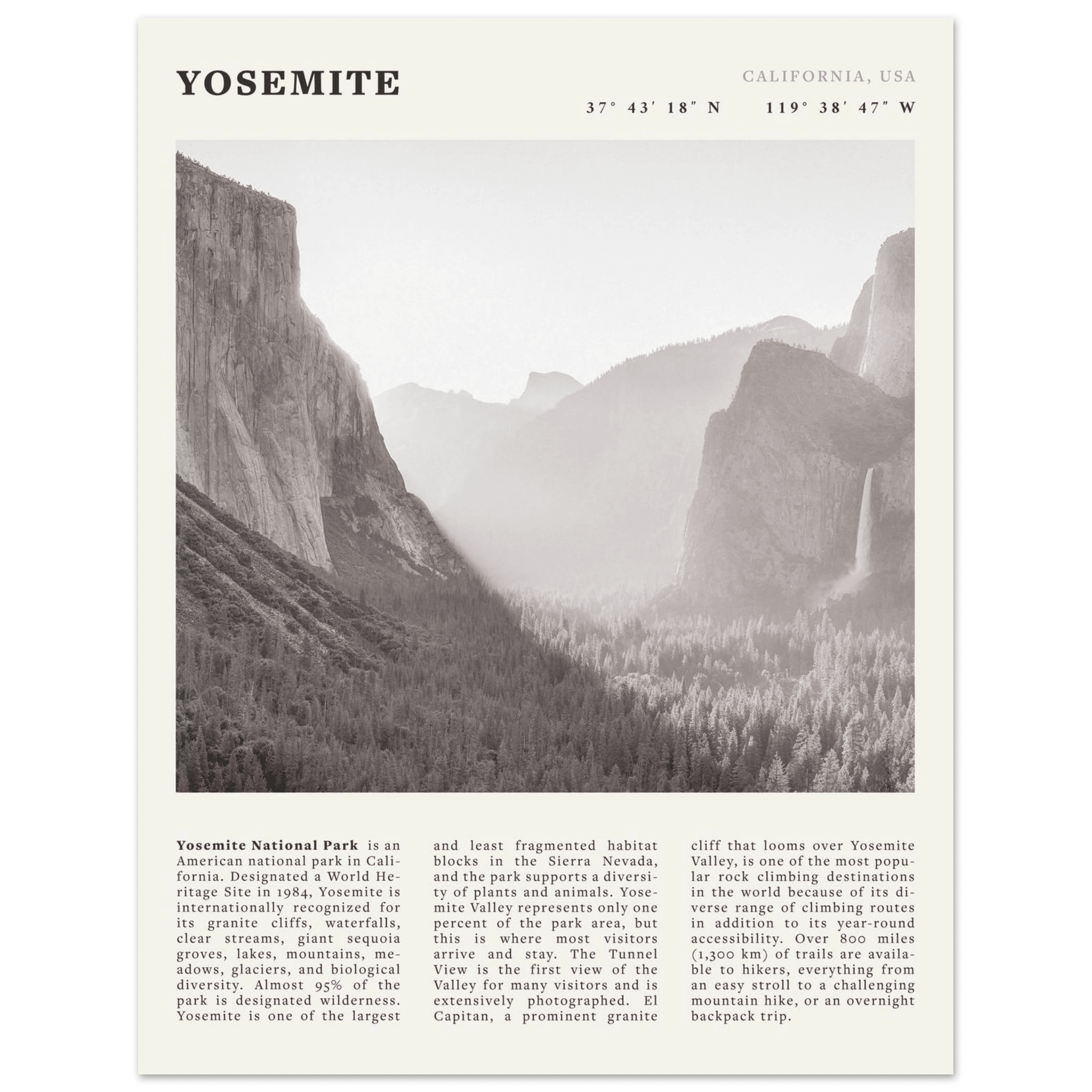 Yosemite Poster | Black & White National Park Wall Art | California Nature Print - Evergreen Posters
