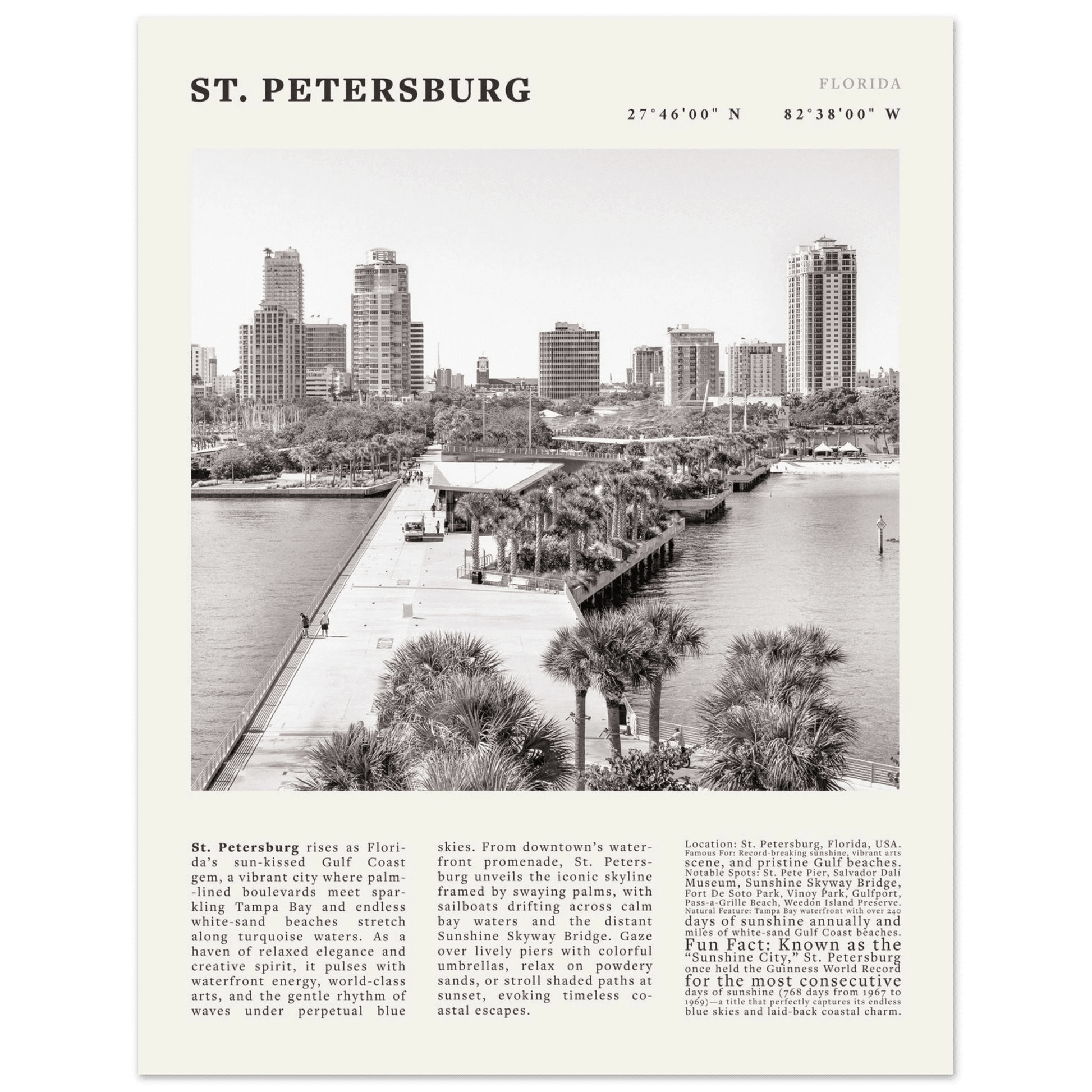 St. Petersburg Florida Poster Black and White – Vintage St Pete Skyline Print (Digital & Printed Options) - Evergreen Posters