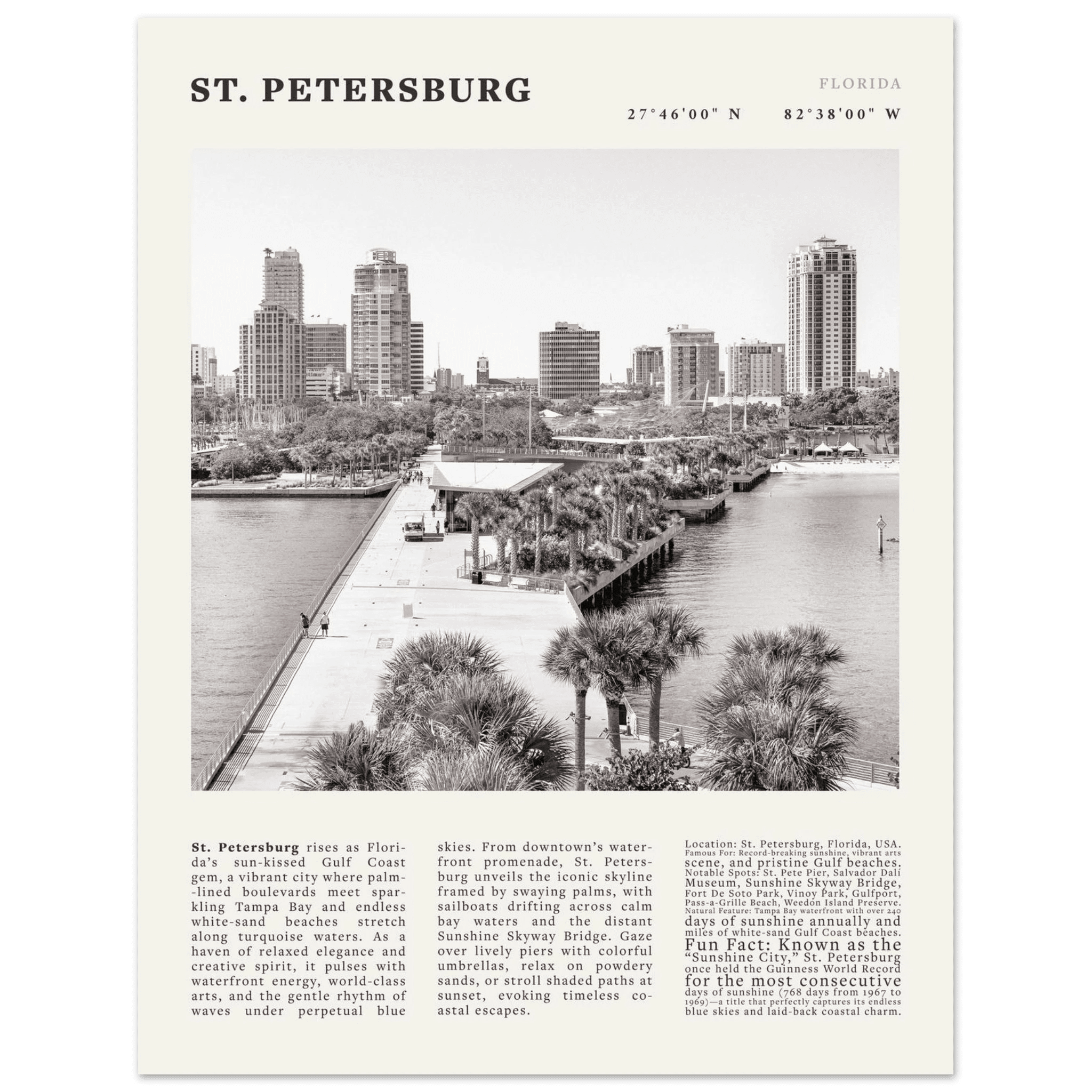 St. Petersburg Florida Poster Black and White – Vintage St Pete Skyline Print (Digital & Printed Options) - Evergreen Posters