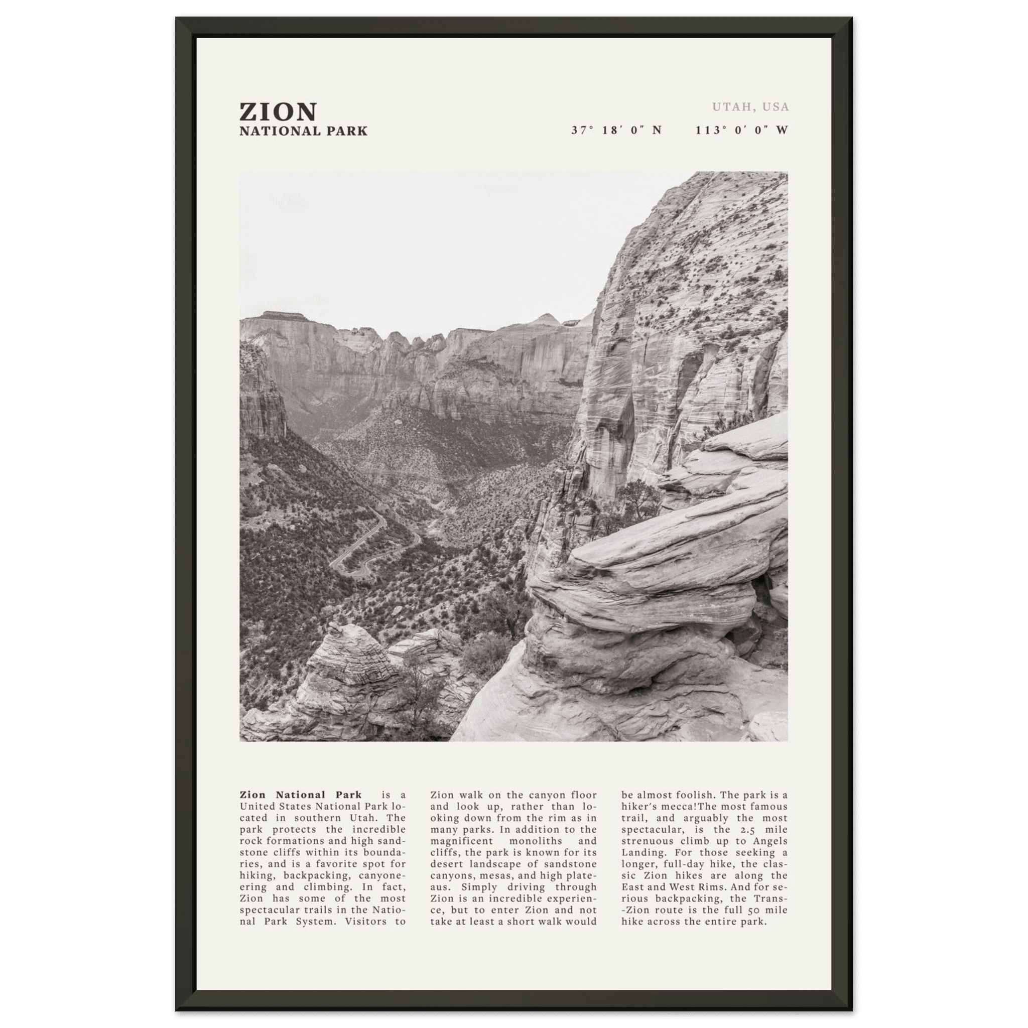 Zion National Park Poster | Black & White Utah Canyon Wall Art | USA Travel Print - Evergreen Posters