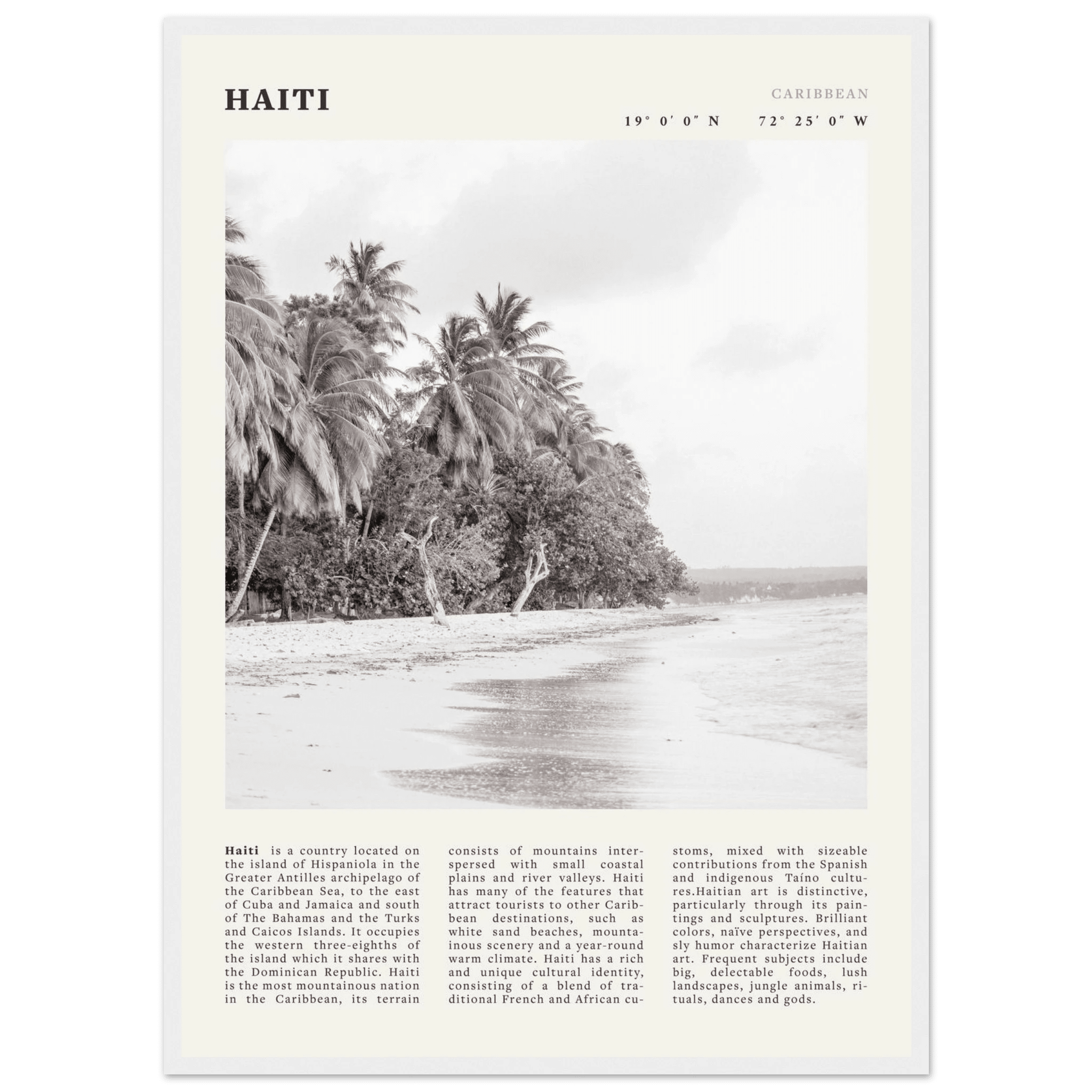 Haiti Poster | Black & White Caribbean Beach Wall Art | Tropical Travel Print - Evergreen Posters