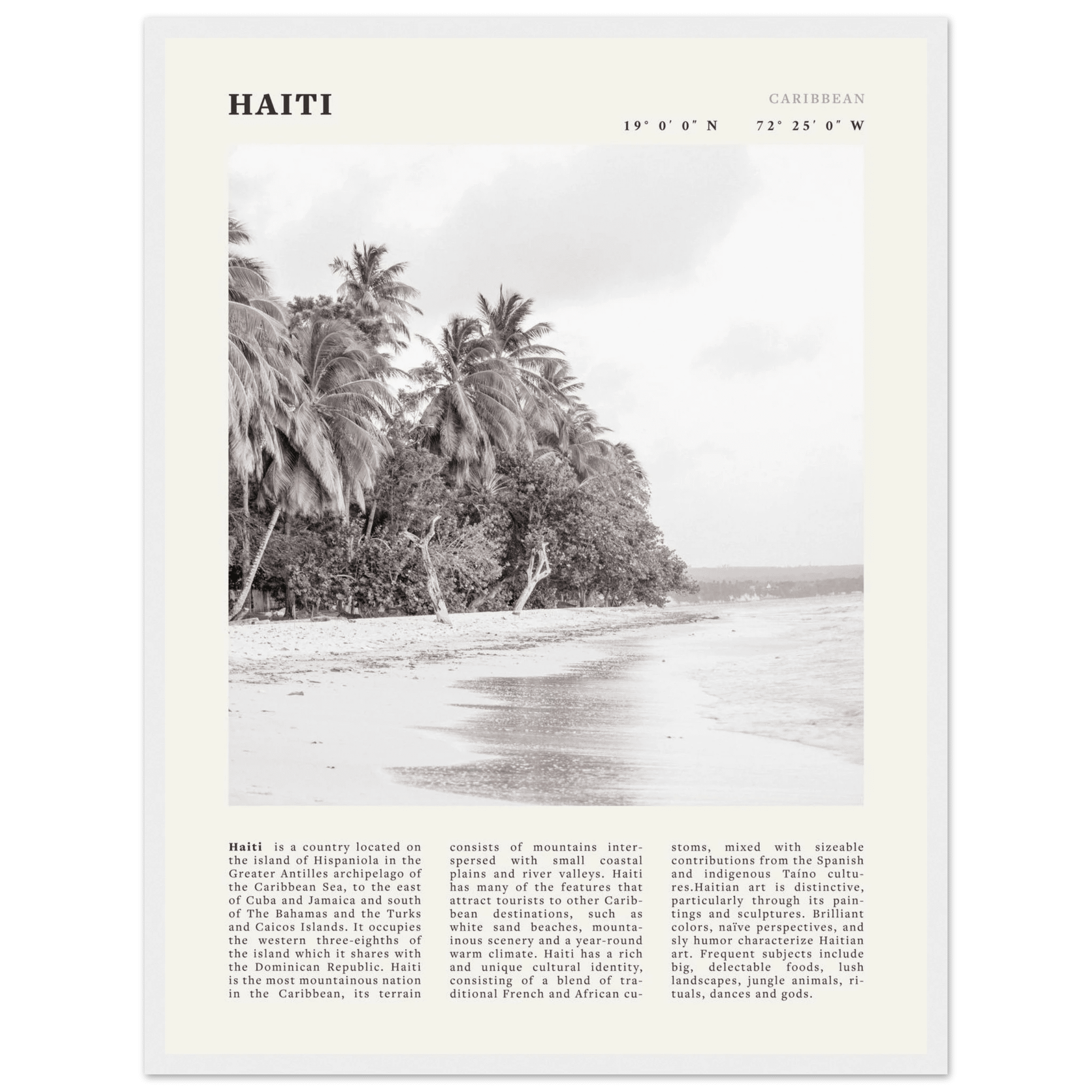 Haiti Poster | Black & White Caribbean Beach Wall Art | Tropical Travel Print - Evergreen Posters