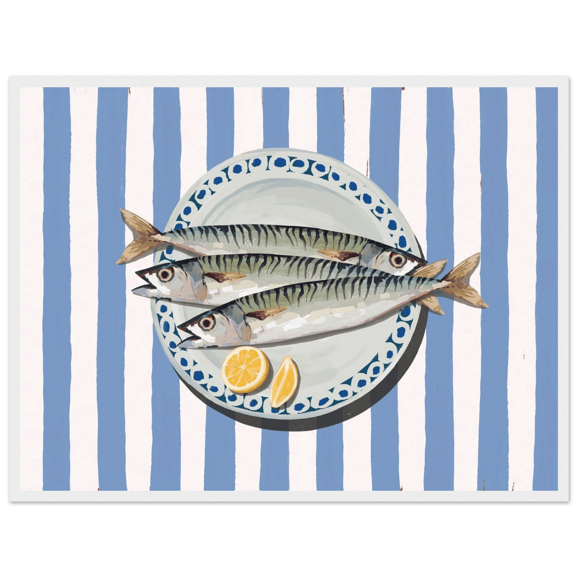 Sardines Print | Blue Stripe Fish Kitchen Wall Art | Coastal Food Poster - Evergreen Posters