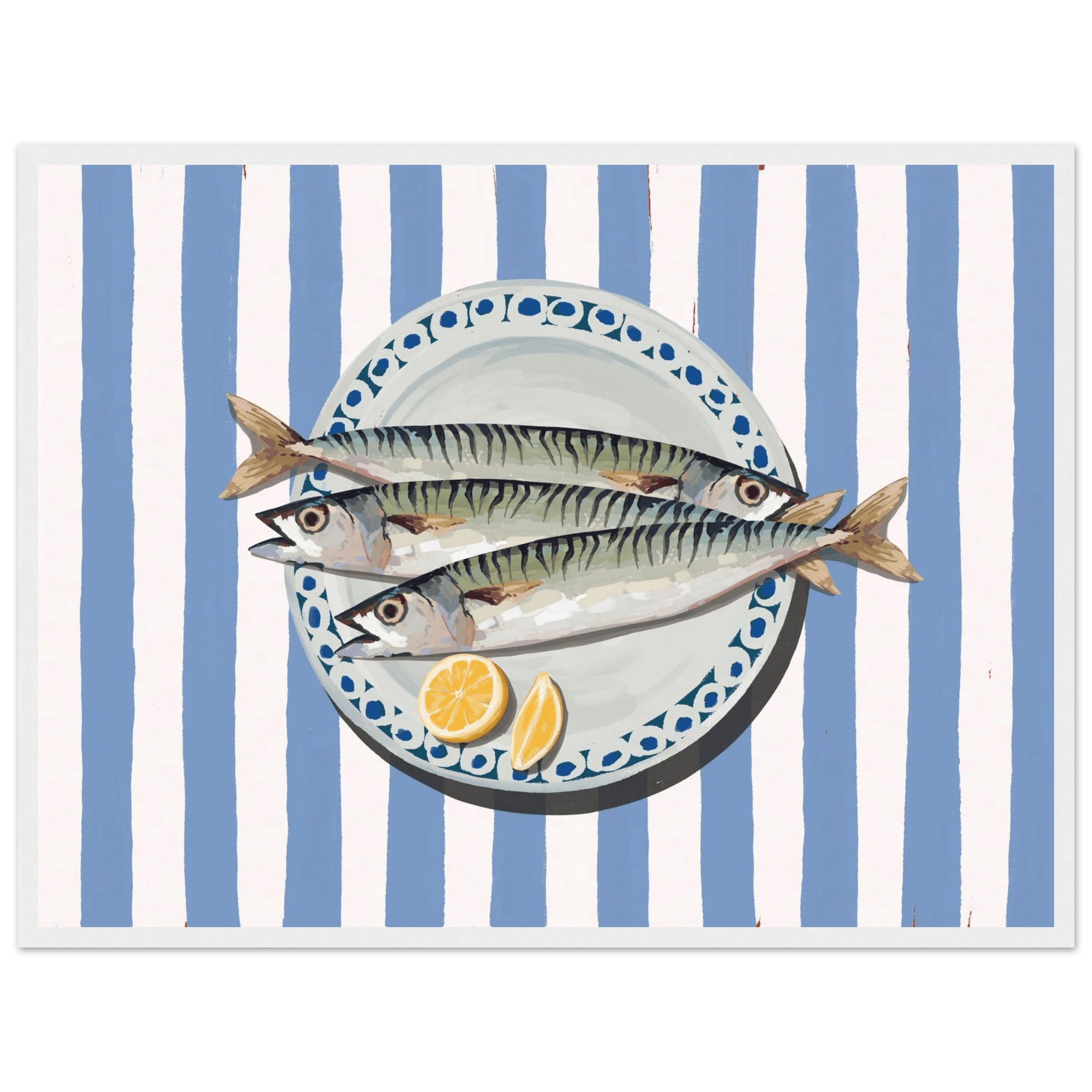 Sardines Print | Blue Stripe Fish Kitchen Wall Art | Coastal Food Poster - Evergreen Posters