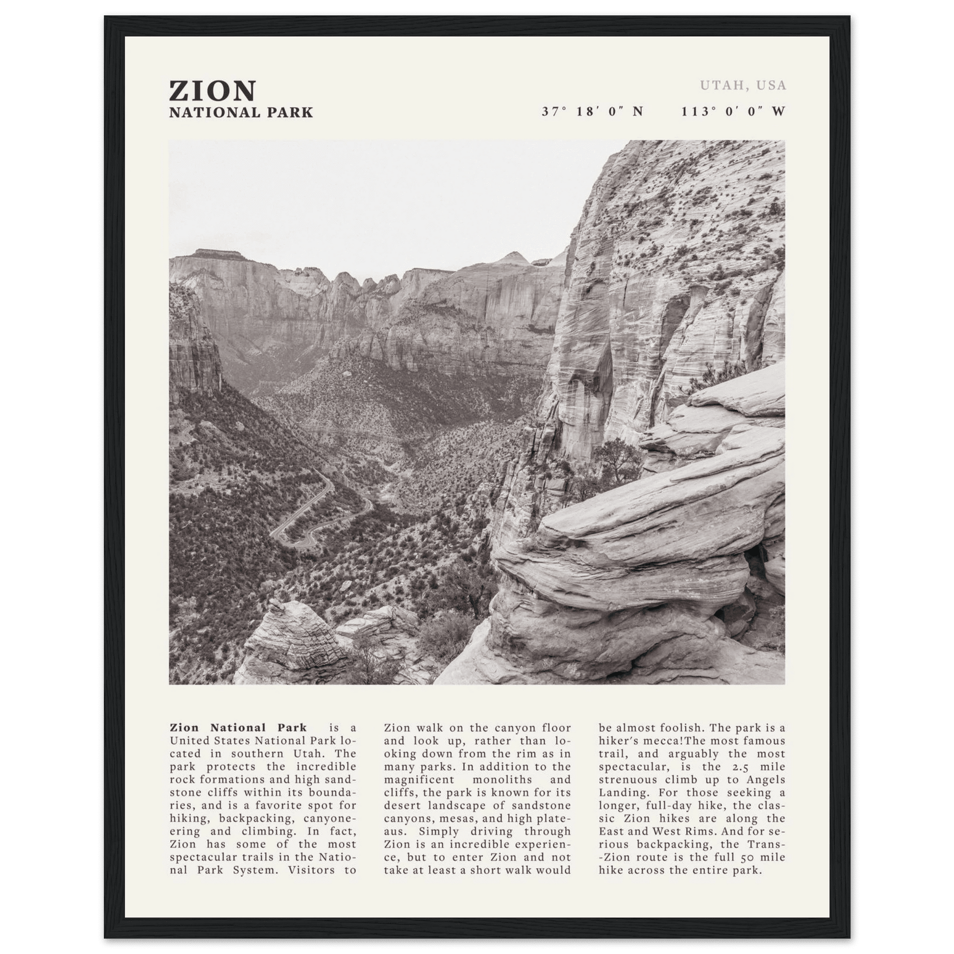 Zion National Park Poster | Black & White Utah Canyon Wall Art | USA Travel Print - Evergreen Posters