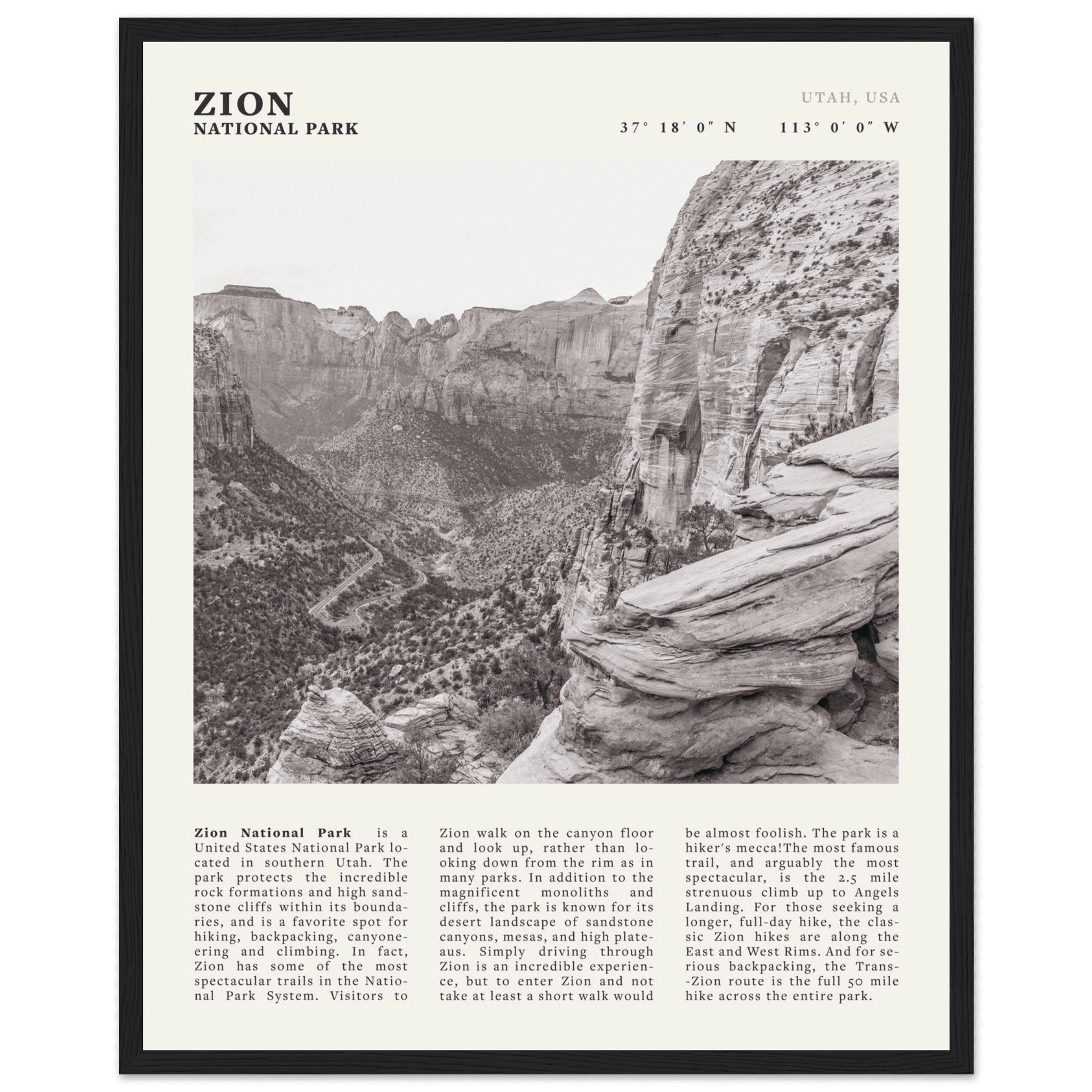Zion National Park Poster | Black & White Utah Canyon Wall Art | USA Travel Print - Evergreen Posters