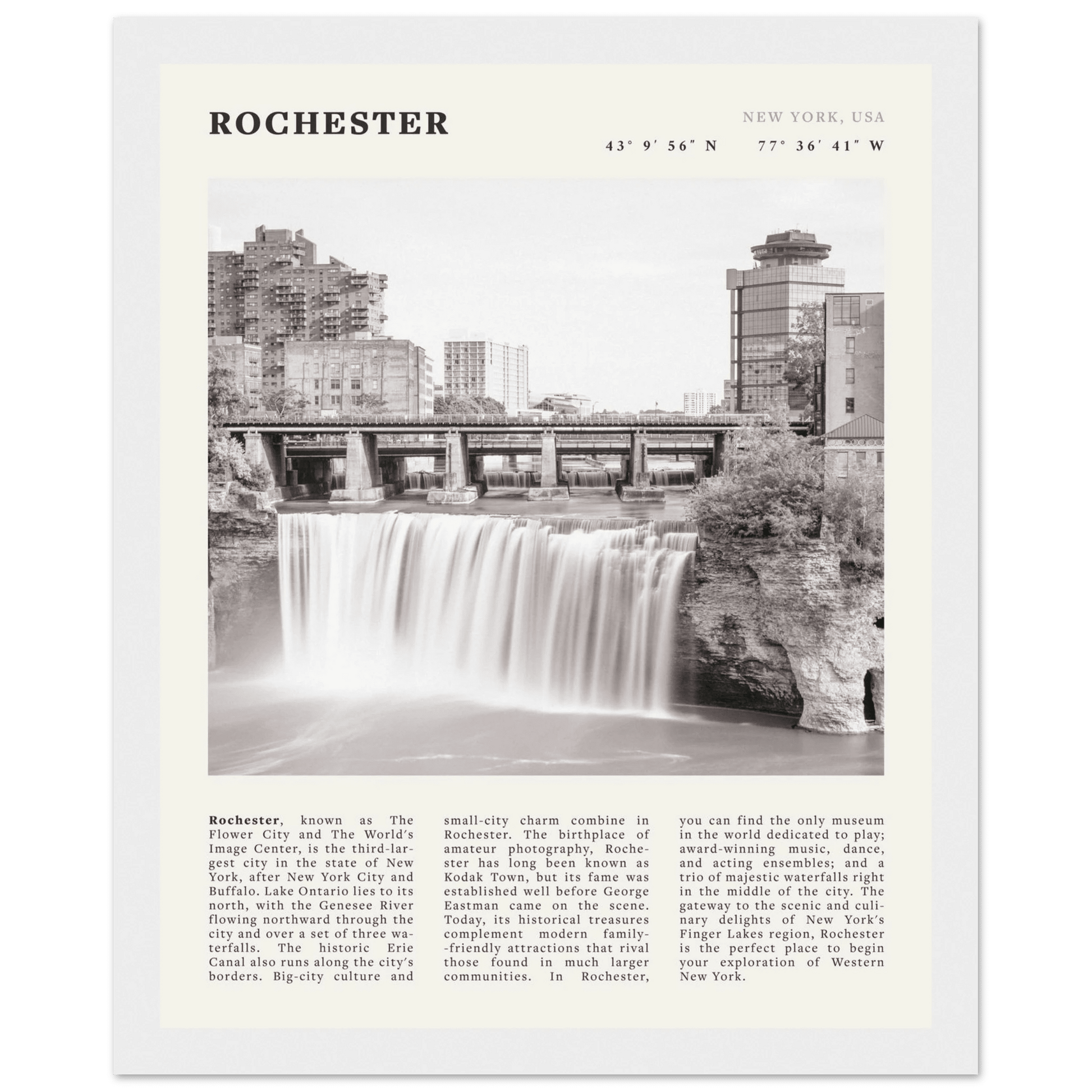 Rochester Poster | Black & White High Falls Wall Art | New York Travel Print - Evergreen Posters