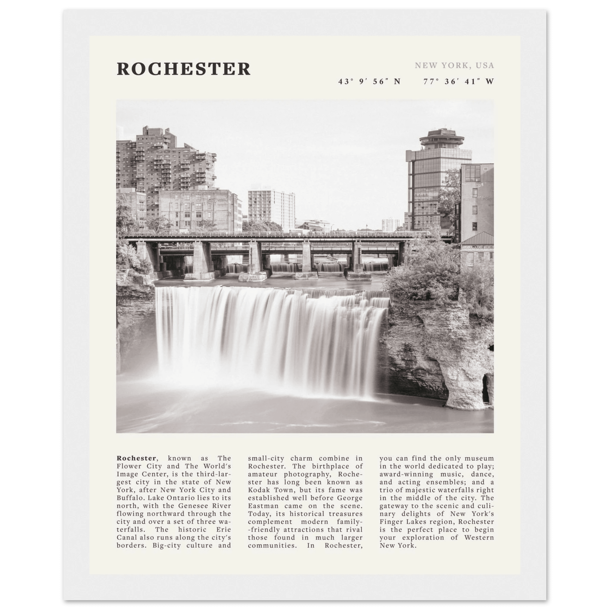 Rochester Poster | Black & White High Falls Wall Art | New York Travel Print - Evergreen Posters
