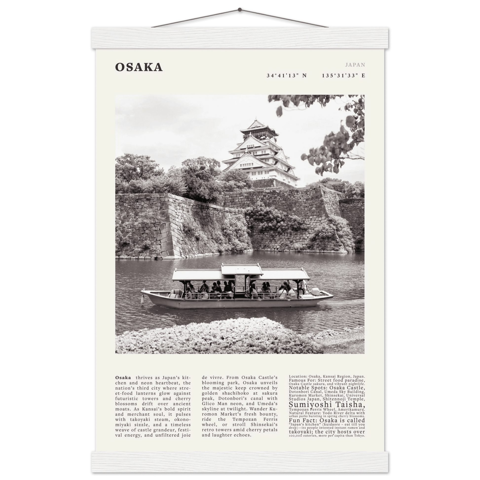 Osaka Poster Black and White – Vintage Osaka Castle Cherry Blossom Print (Digital & Printed Options) - Evergreen Posters