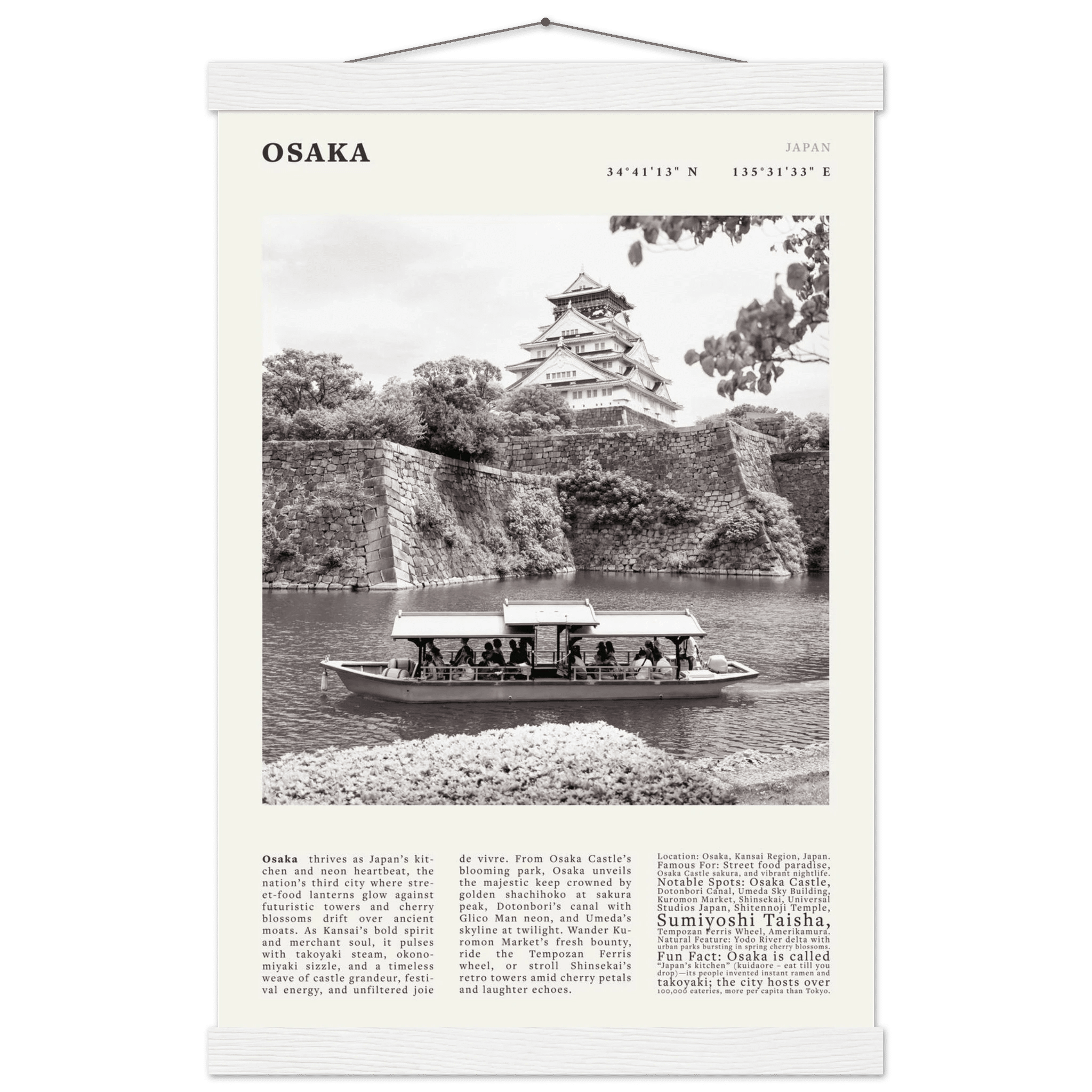 Osaka Poster Black and White – Vintage Osaka Castle Cherry Blossom Print (Digital & Printed Options) - Evergreen Posters