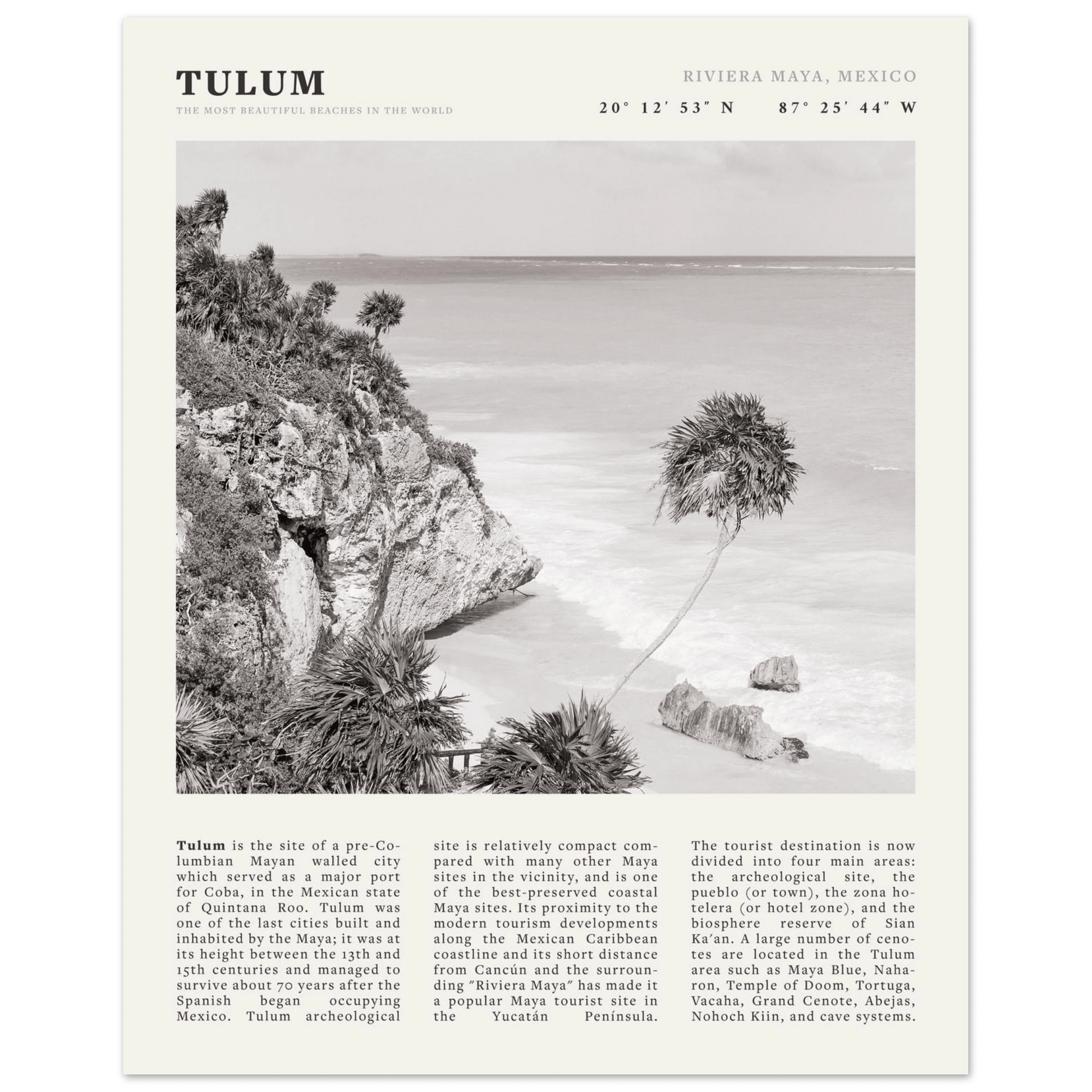 Tulum Poster | Black & White Riviera Maya Mexico Wall Art | Beach Travel Print - Evergreen Posters