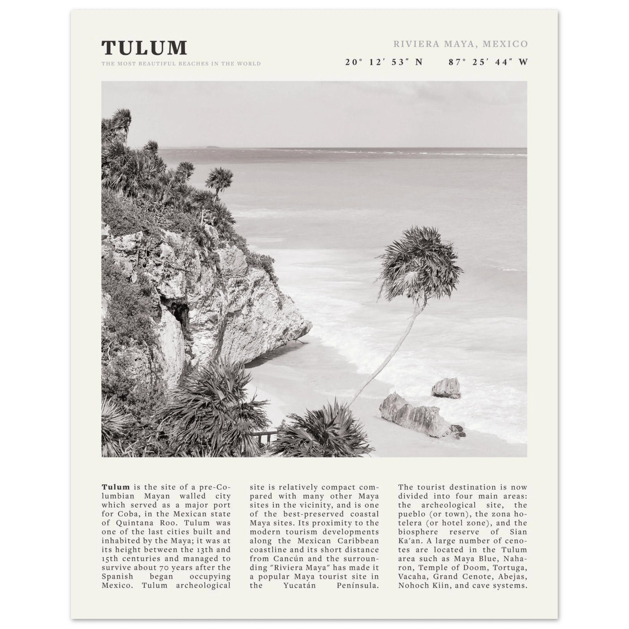Tulum Poster | Black & White Riviera Maya Mexico Wall Art | Beach Travel Print - Evergreen Posters