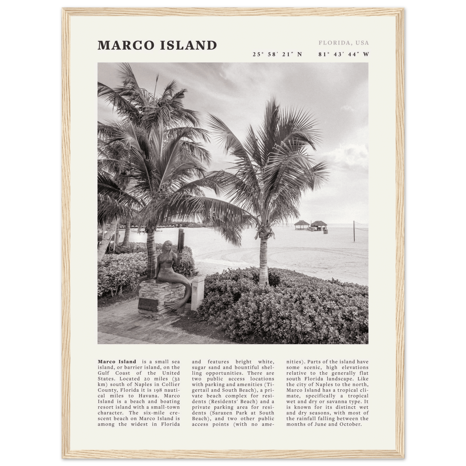 Marco Island Poster | Black & White Florida Beach Wall Art | Coastal Travel Print - Evergreen Posters