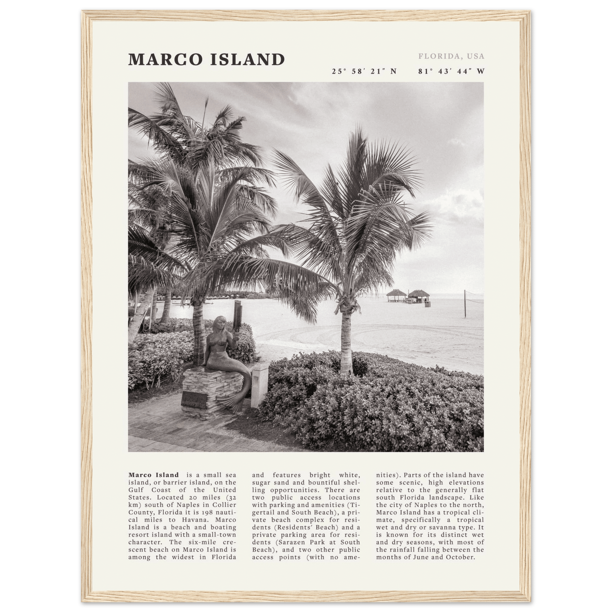 Marco Island Poster | Black & White Florida Beach Wall Art | Coastal Travel Print - Evergreen Posters