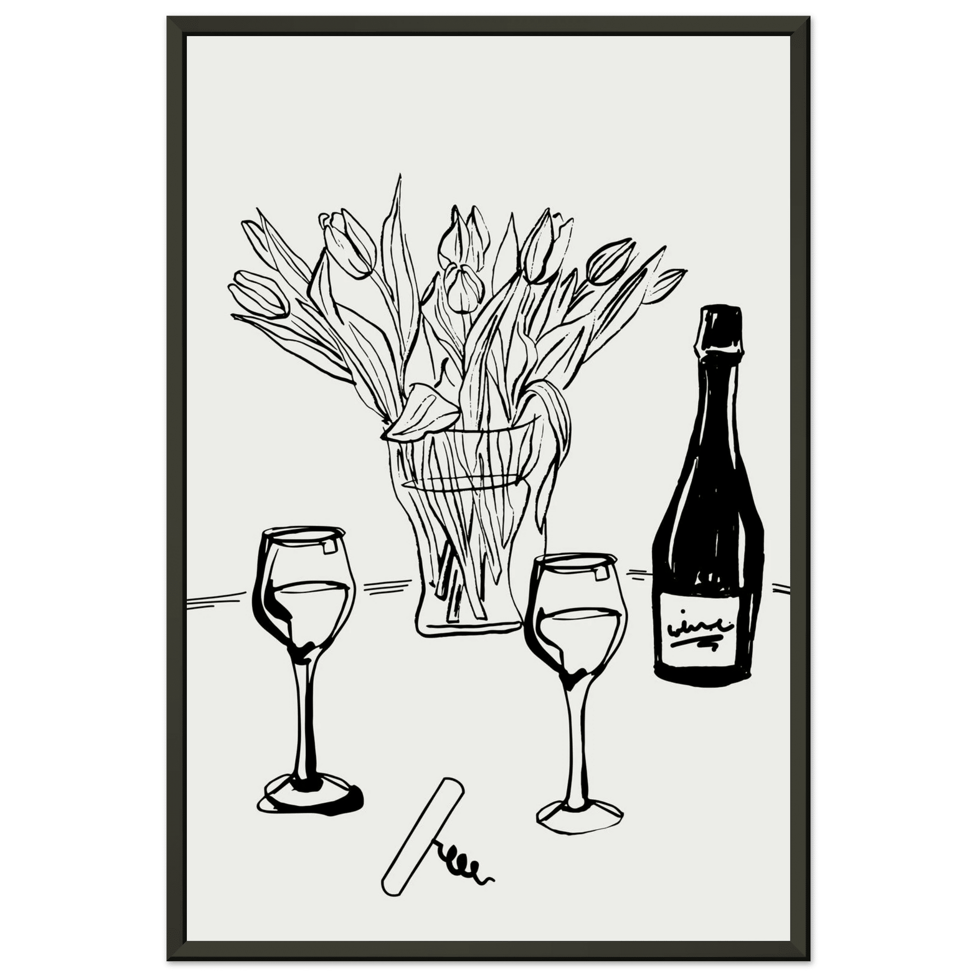 Wine & Tulips Print | Black Line Art Wine Bottle Wall Art | Minimalist Kitchen Poster - Evergreen Posters