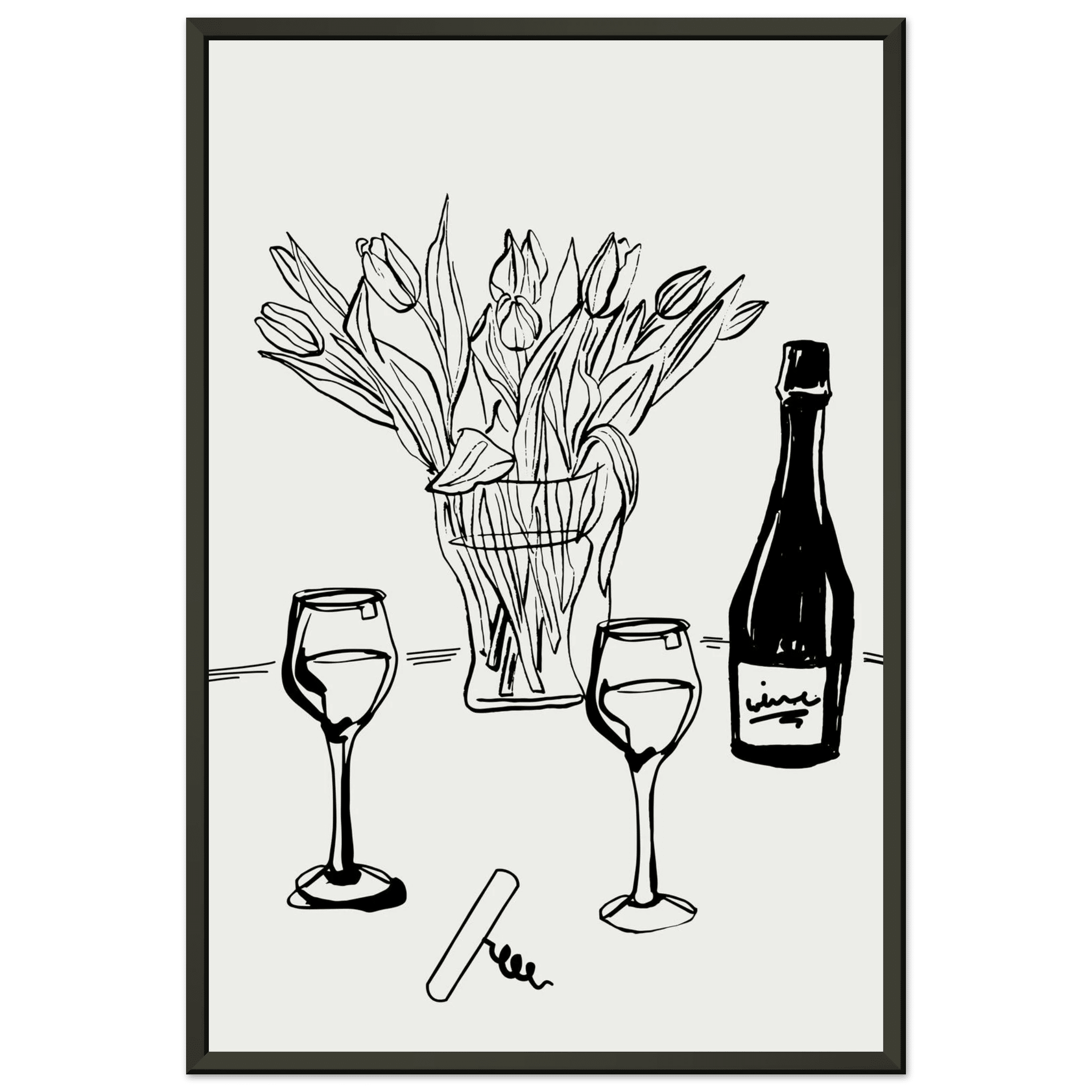 Wine & Tulips Print | Black Line Art Wine Bottle Wall Art | Minimalist Kitchen Poster - Evergreen Posters
