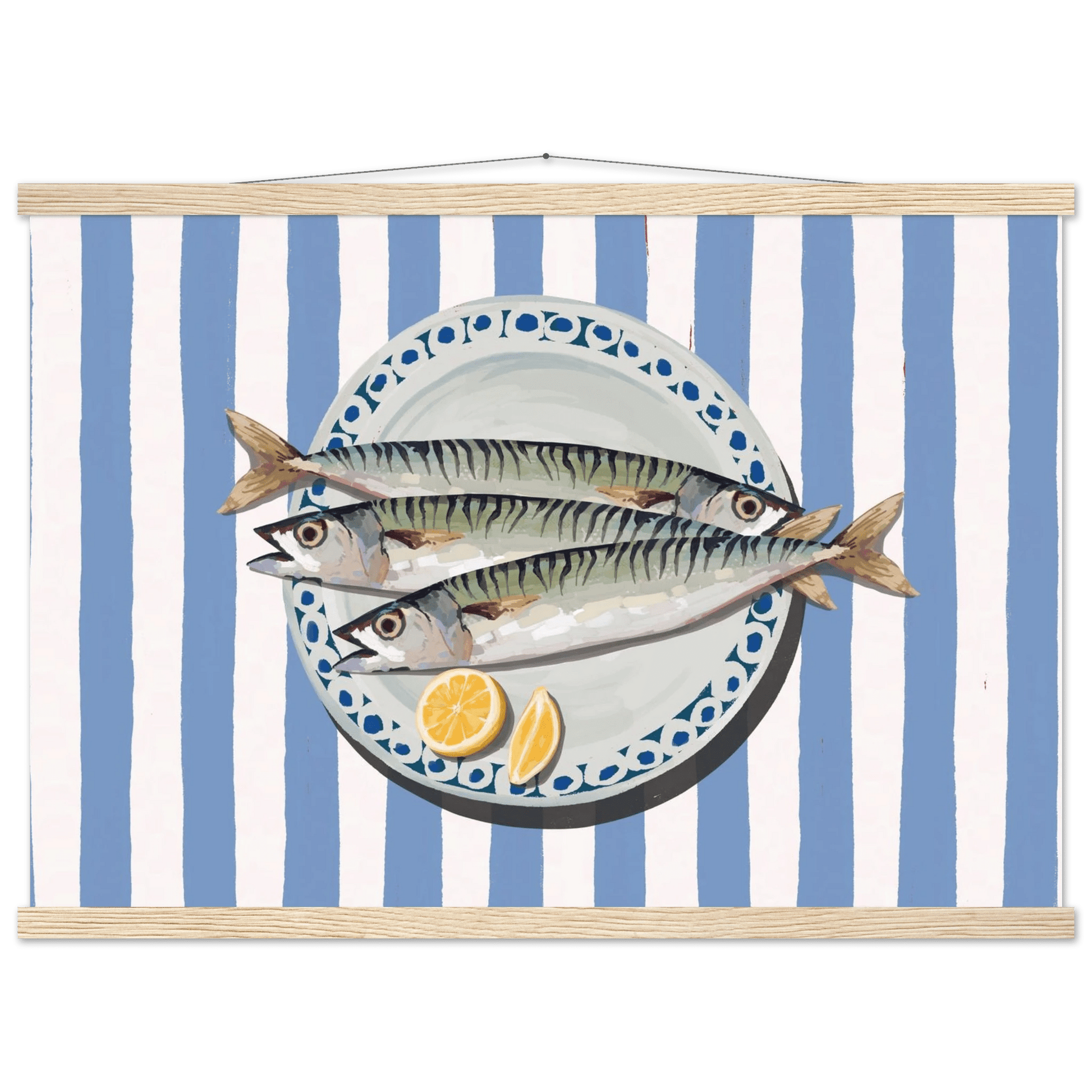 Sardines Print | Blue Stripe Fish Kitchen Wall Art | Coastal Food Poster - Evergreen Posters