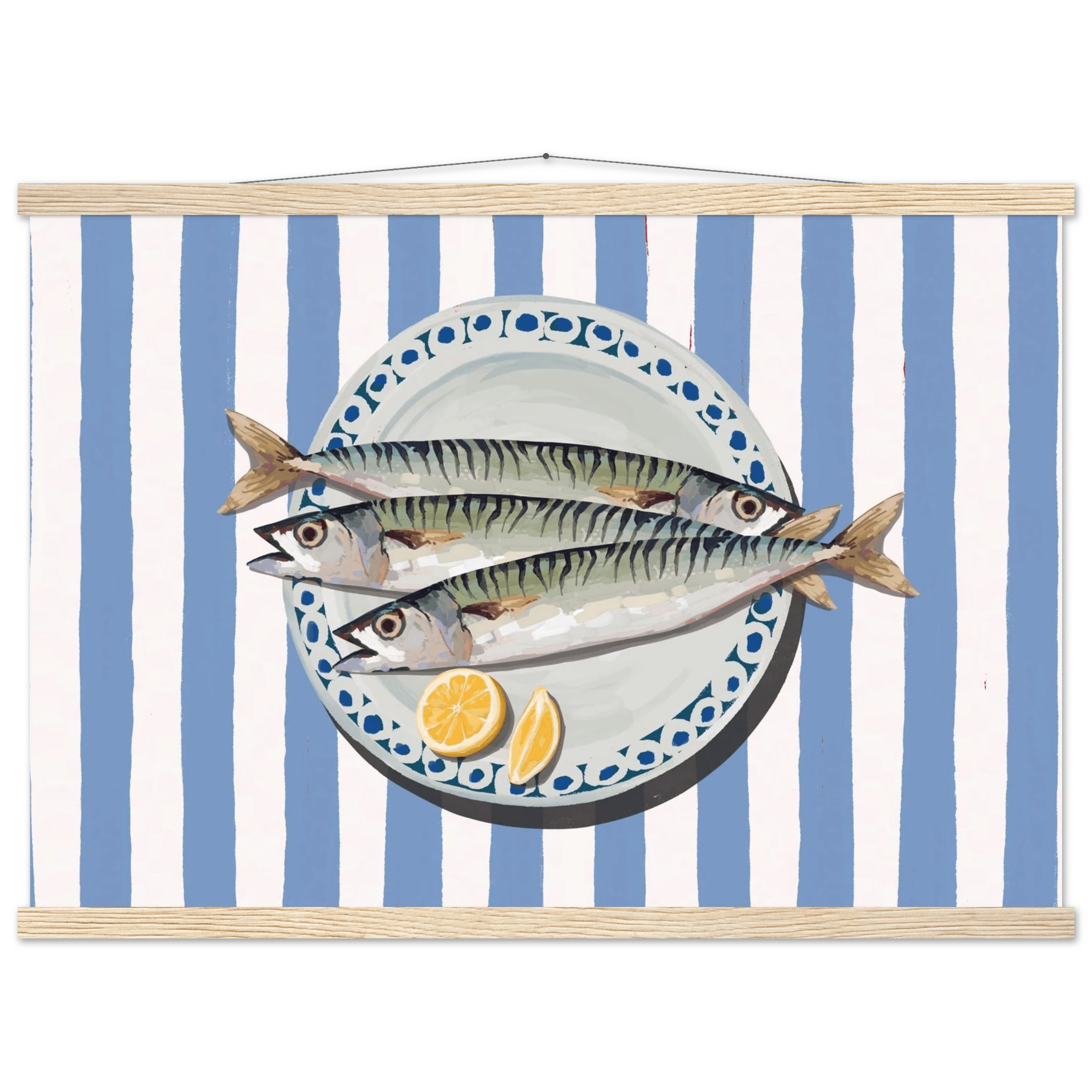 Sardines Print | Blue Stripe Fish Kitchen Wall Art | Coastal Food Poster - Evergreen Posters