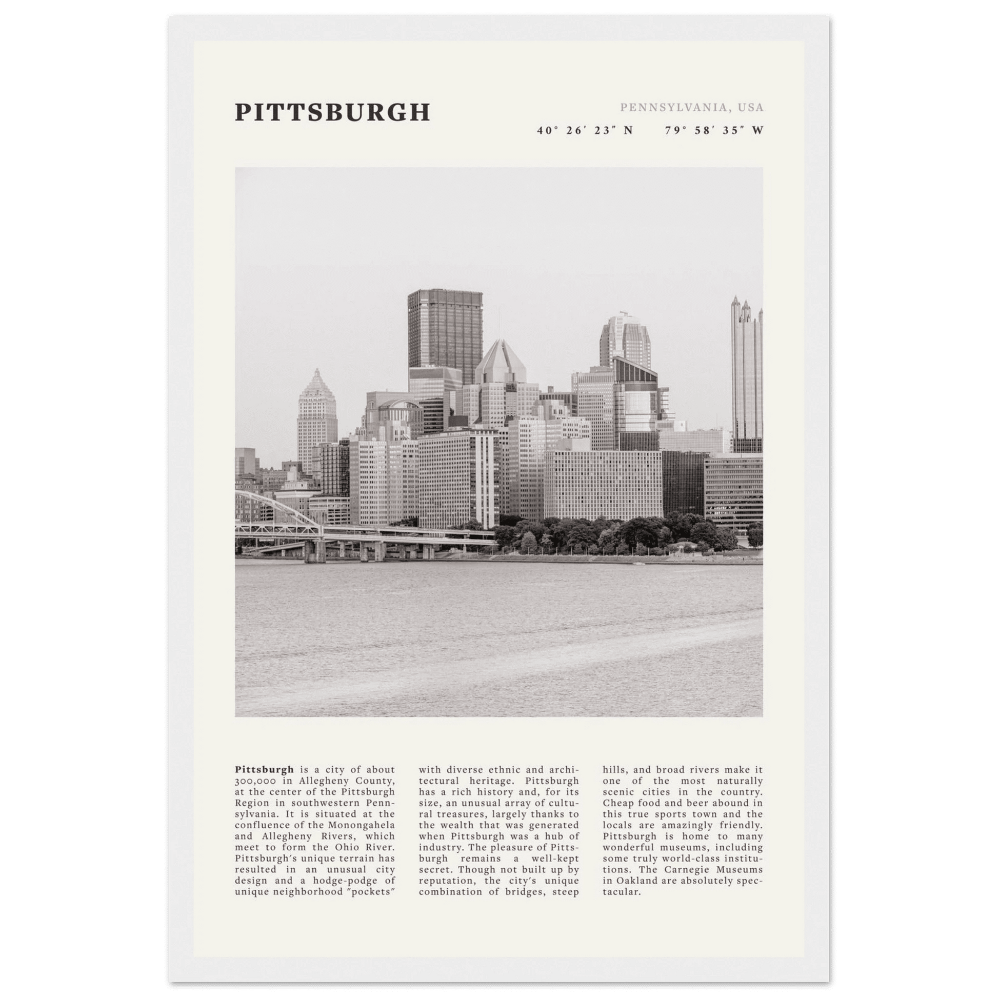 Pittsburgh Poster | Black & White Pennsylvania Skyline Wall Art | PA Travel Print - Evergreen Posters