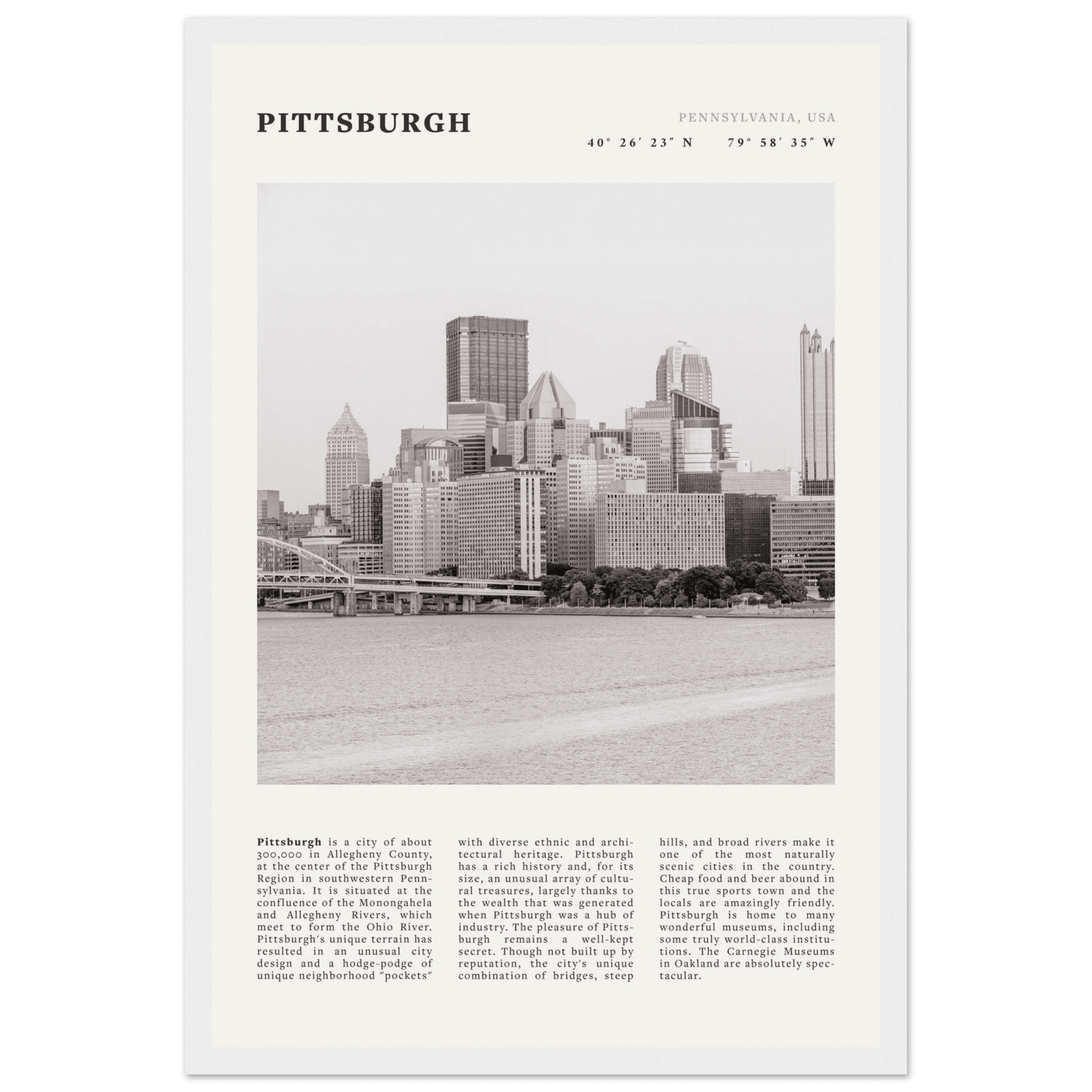 Pittsburgh Poster | Black & White Pennsylvania Skyline Wall Art | PA Travel Print - Evergreen Posters