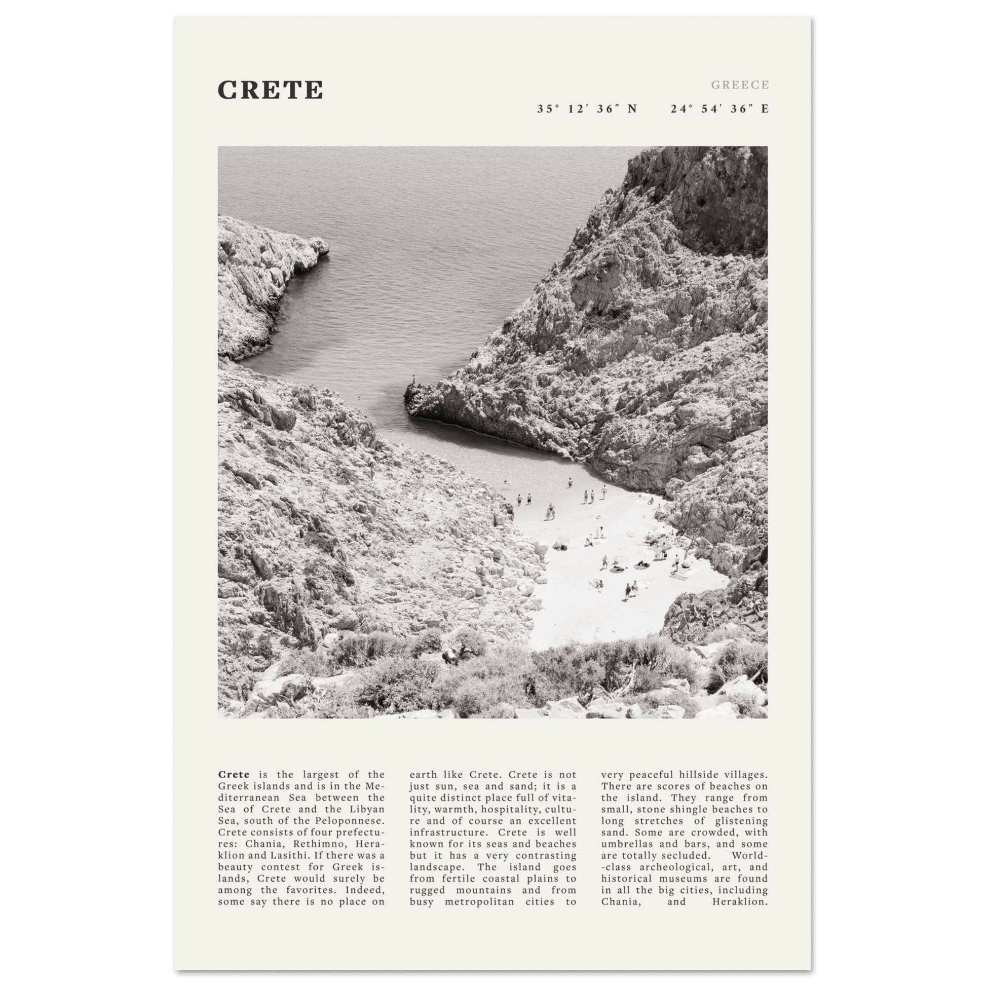 Crete Poster | Black & White Greece Beach Wall Art | Mediterranean Travel Print - Evergreen Posters