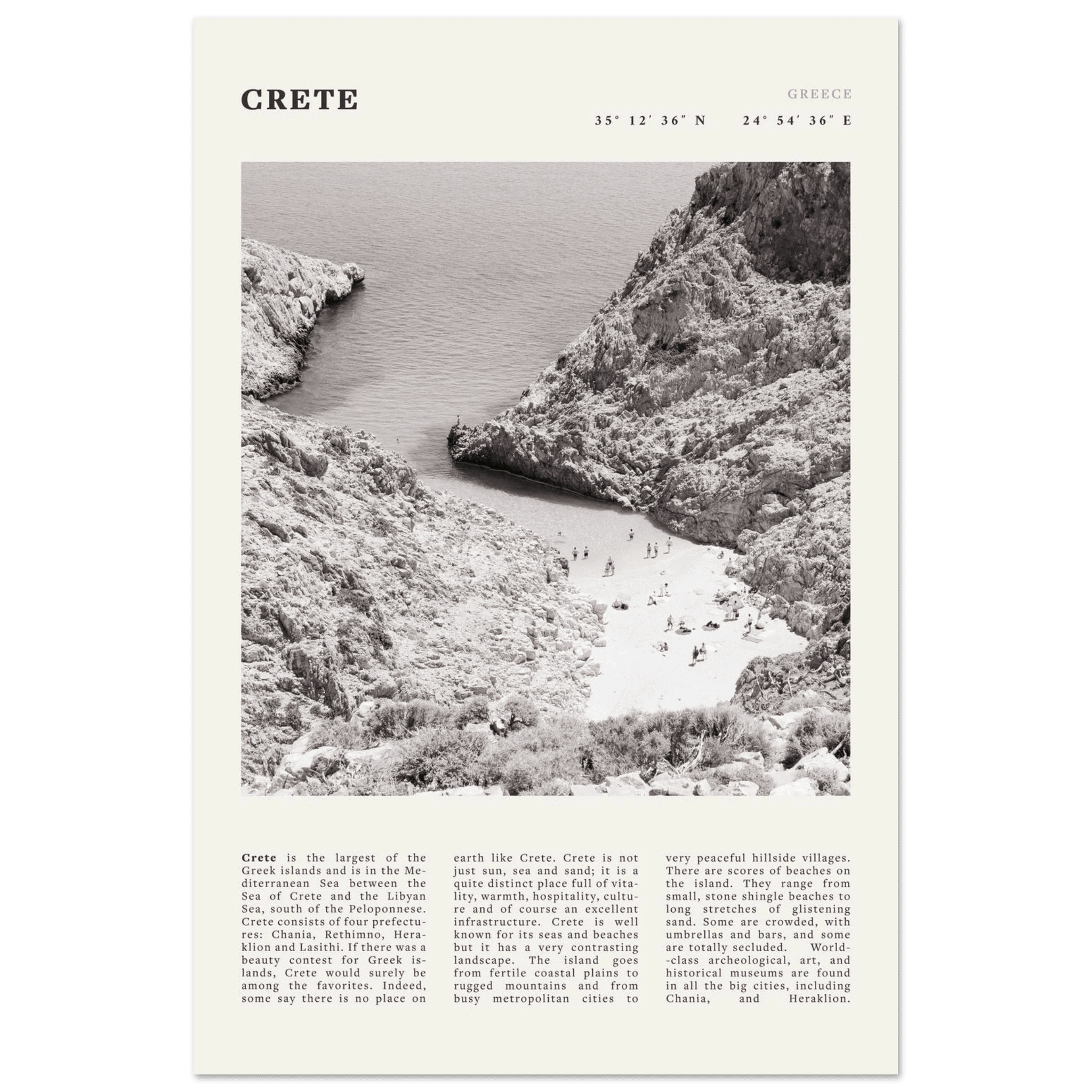 Crete Poster | Black & White Greece Beach Wall Art | Mediterranean Travel Print - Evergreen Posters