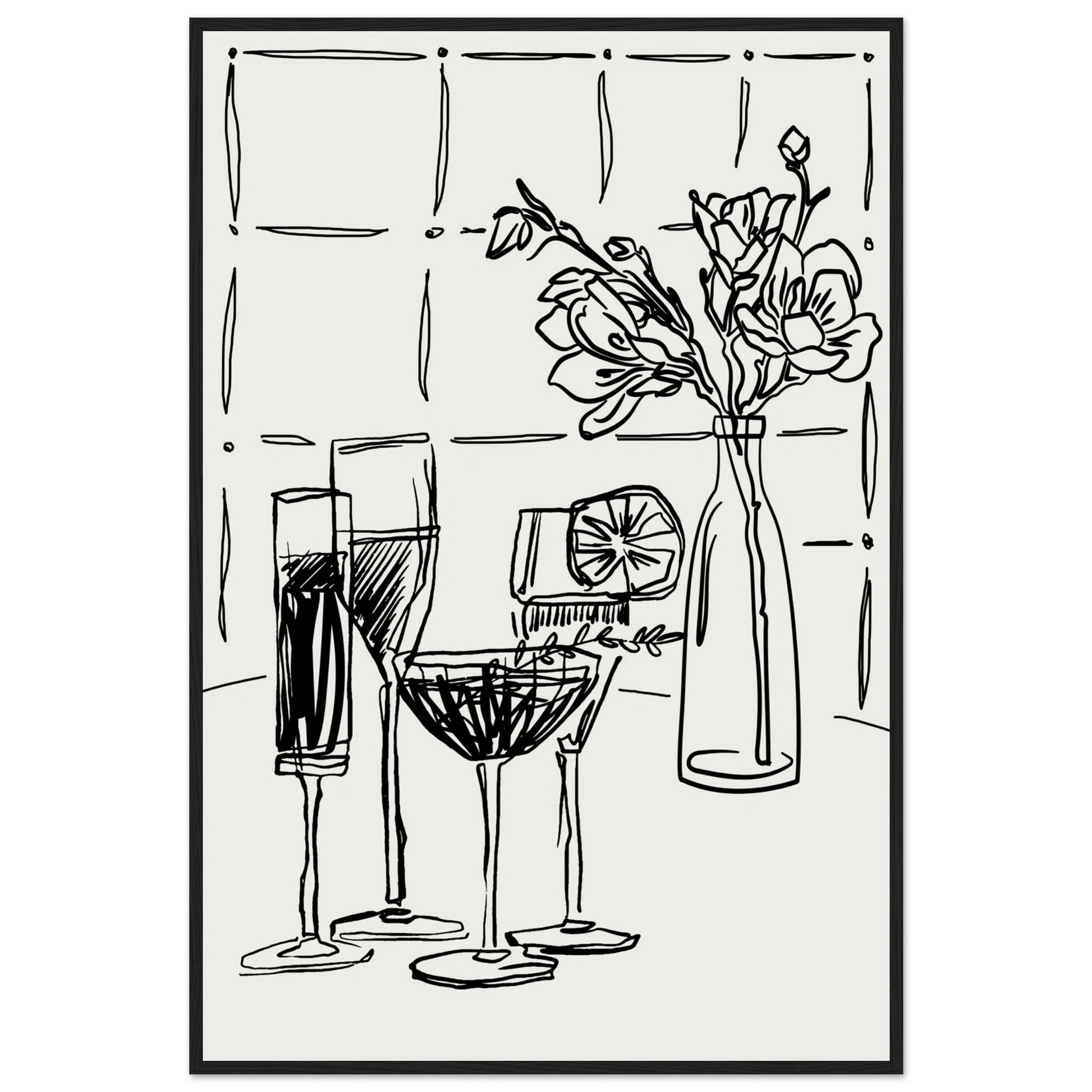 Cocktails & Flowers Print | Black Line Art Drinks Wall Art | Kitchen Bar Poster - Evergreen Posters