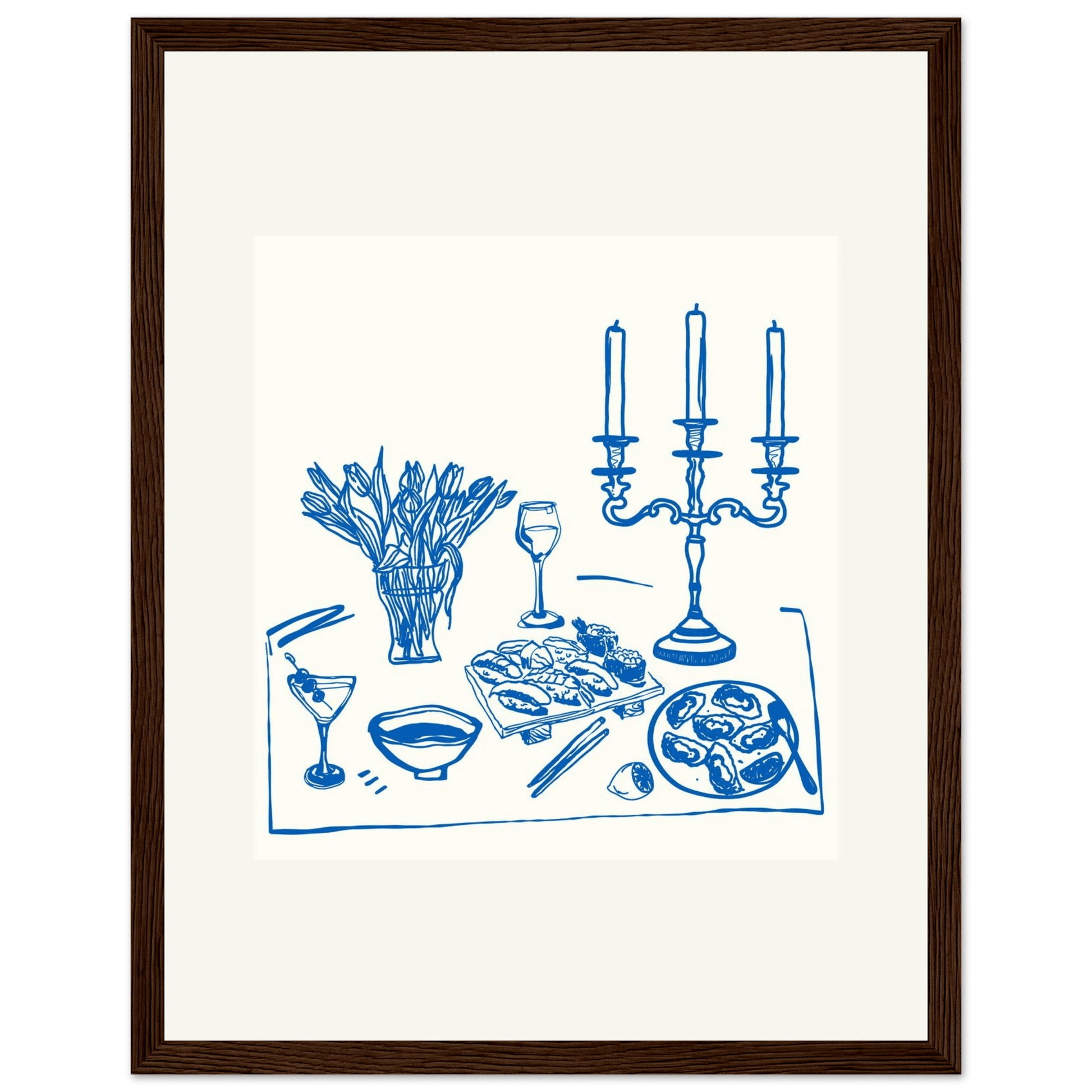 Fine Dining Table Print | Blue Line Art Kitchen Wall Art | Elegant Dining Room Poster - Evergreen Posters