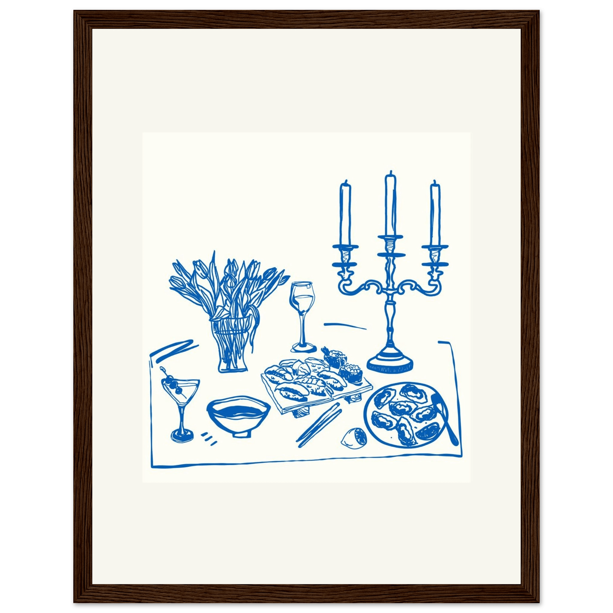 Fine Dining Table Print | Blue Line Art Kitchen Wall Art | Elegant Dining Room Poster - Evergreen Posters