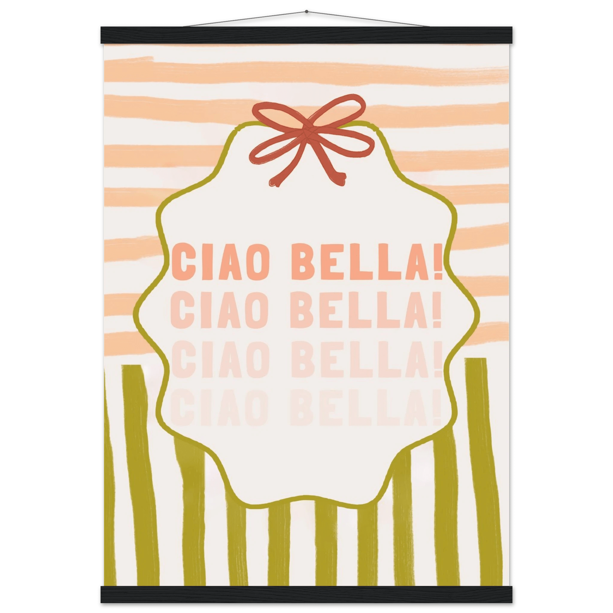 Ciao Bella Poster | Italian Typography Wall Art | Retro Stripe Bow Print | Cute Room Decor - Evergreen Posters