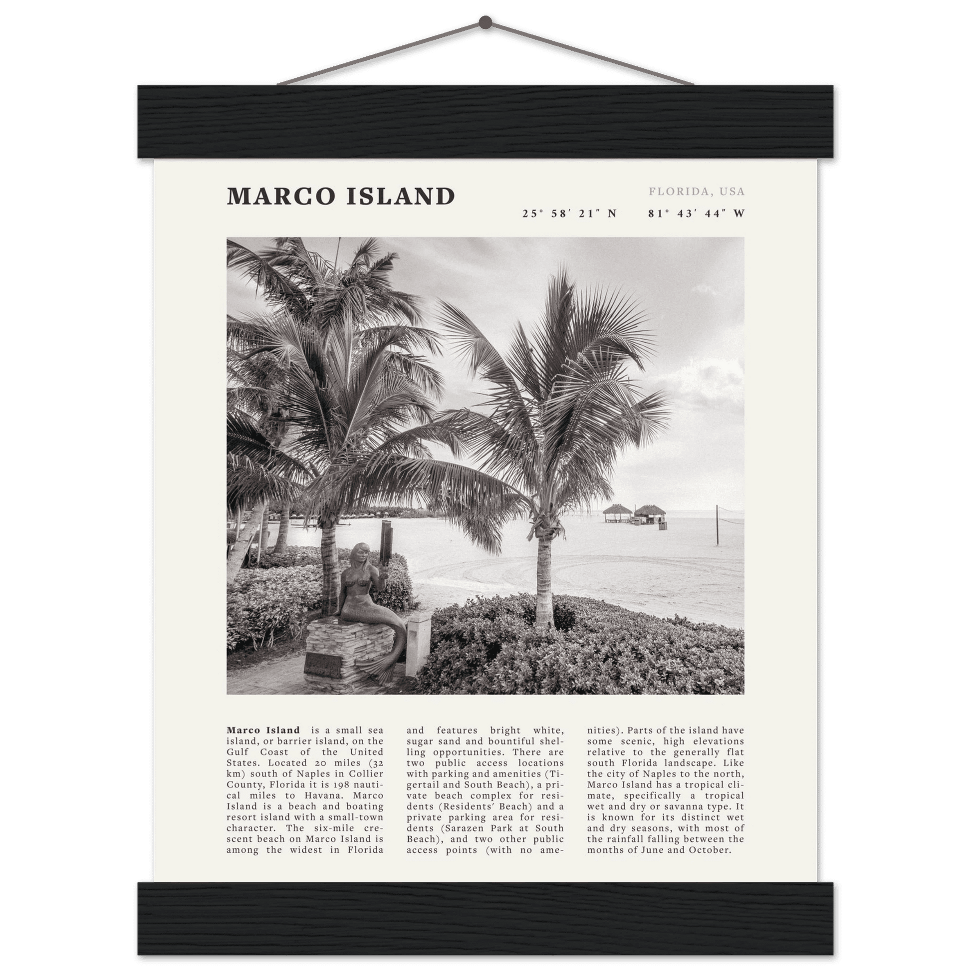 Marco Island Poster | Black & White Florida Beach Wall Art | Coastal Travel Print - Evergreen Posters