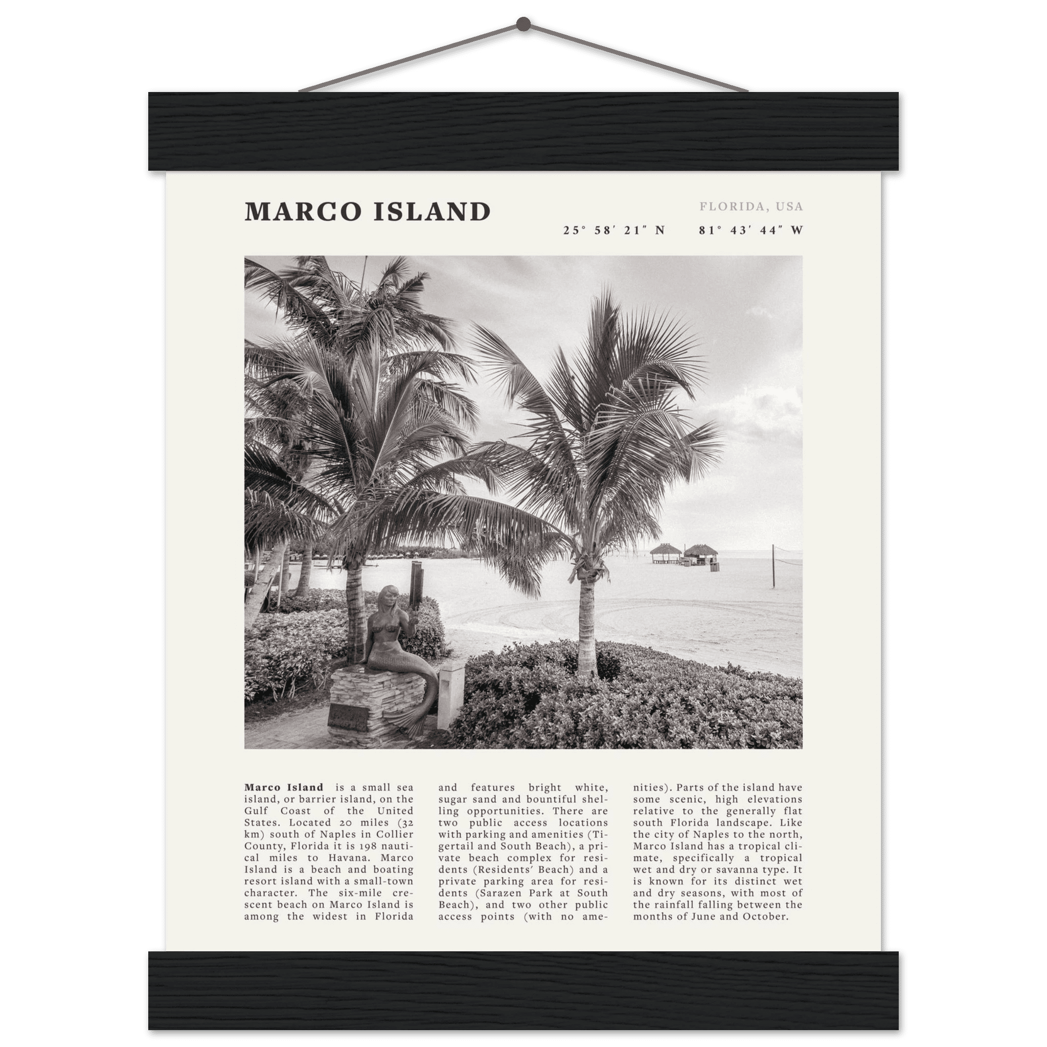 Marco Island Poster | Black & White Florida Beach Wall Art | Coastal Travel Print - Evergreen Posters