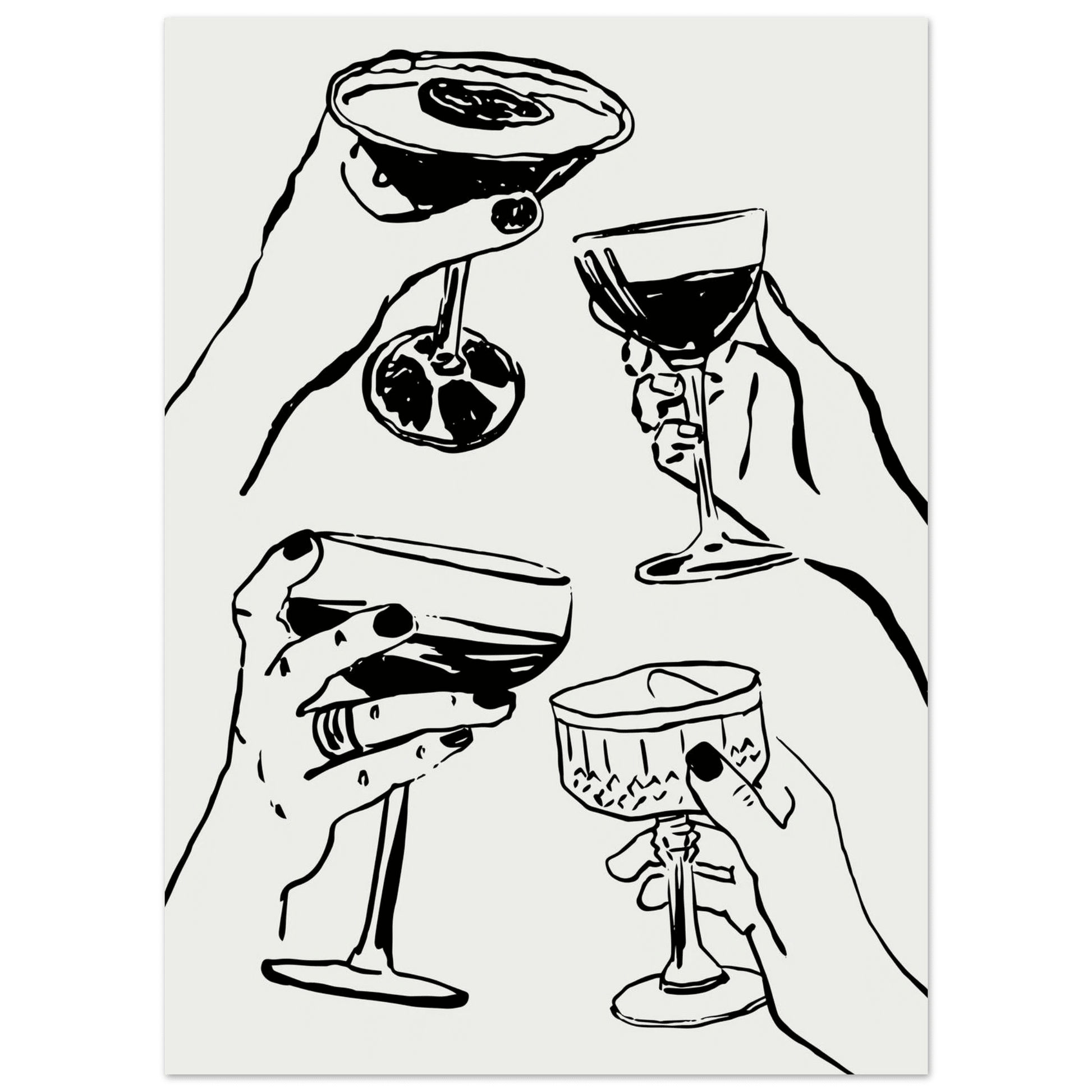 Cheers Print | Black Line Art Cocktail Glasses Wall Art | Kitchen Bar Poster - Evergreen Posters