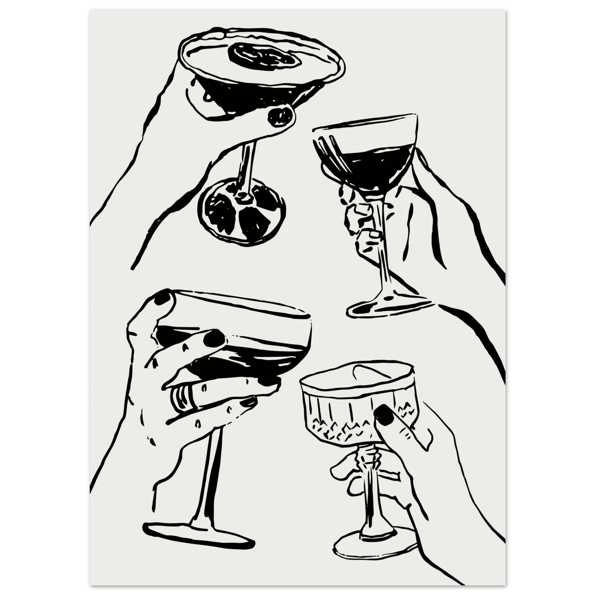 Cheers Print | Black Line Art Cocktail Glasses Wall Art | Kitchen Bar Poster - Evergreen Posters