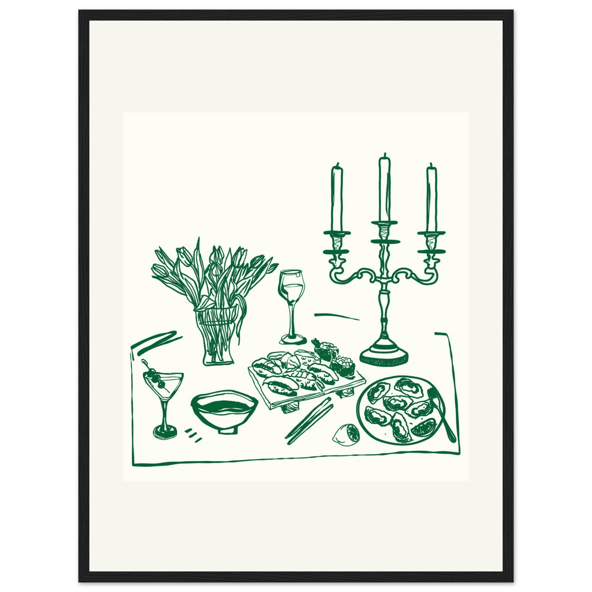 Fine Dining Table Print | Green Line Art Kitchen Wall Art | Elegant Dining Room Poster - Evergreen Posters