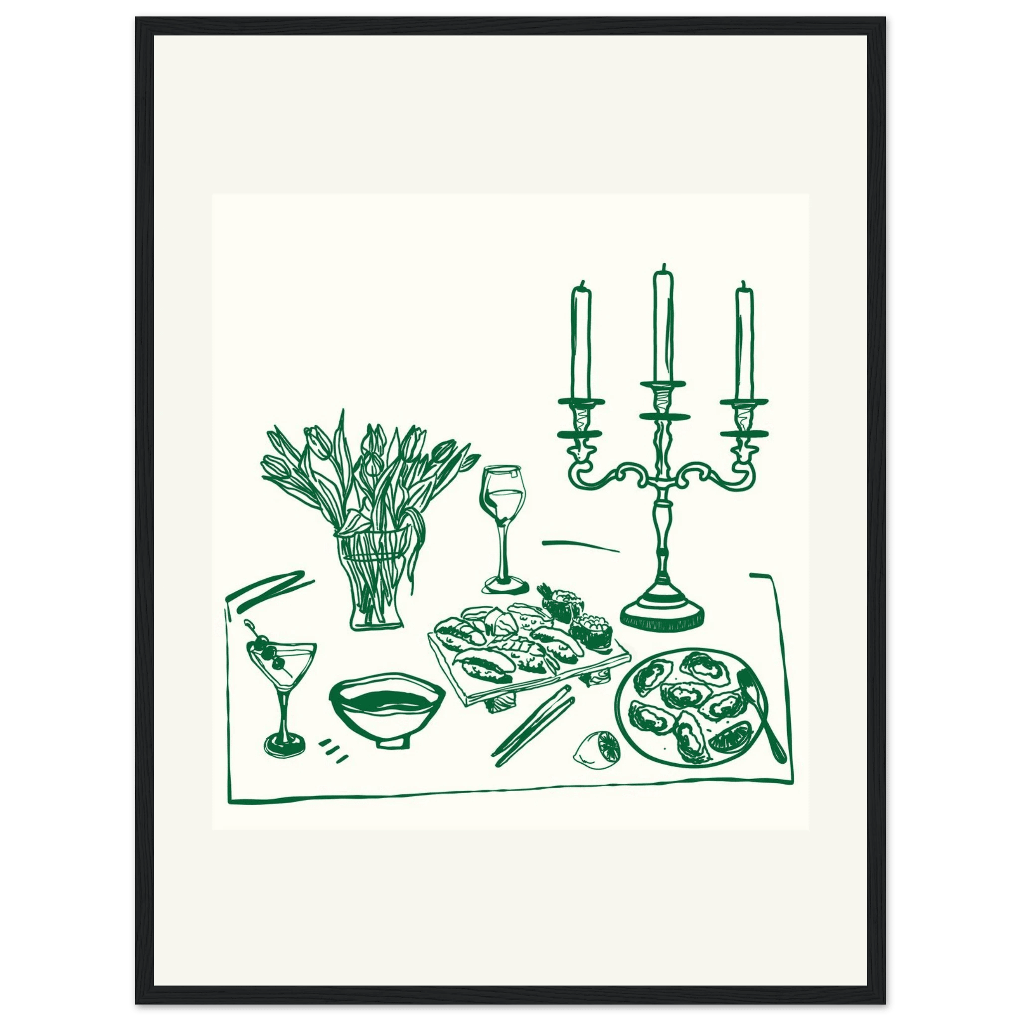 Fine Dining Table Print | Green Line Art Kitchen Wall Art | Elegant Dining Room Poster - Evergreen Posters