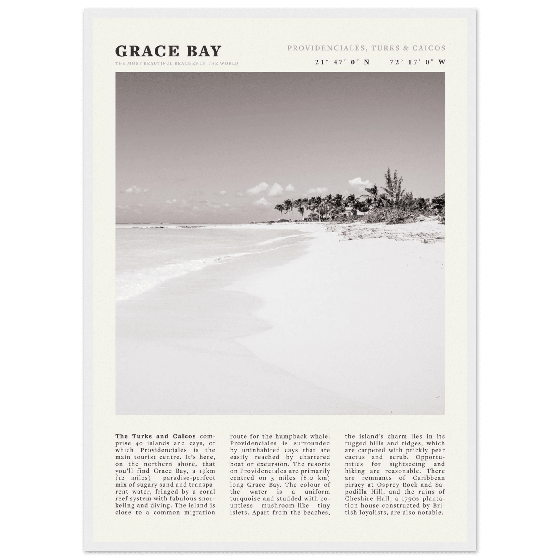 Grace Bay Poster | Black & White Turks & Caicos Wall Art | Caribbean Beach Print - Evergreen Posters