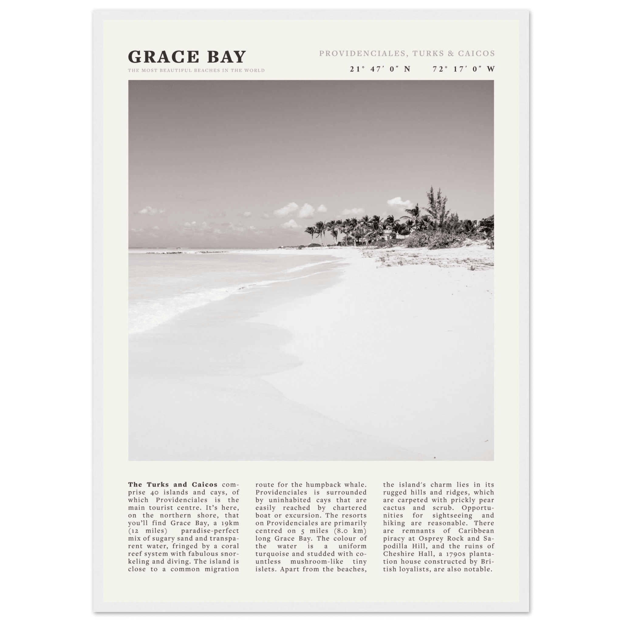 Grace Bay Poster | Black & White Turks & Caicos Wall Art | Caribbean Beach Print - Evergreen Posters