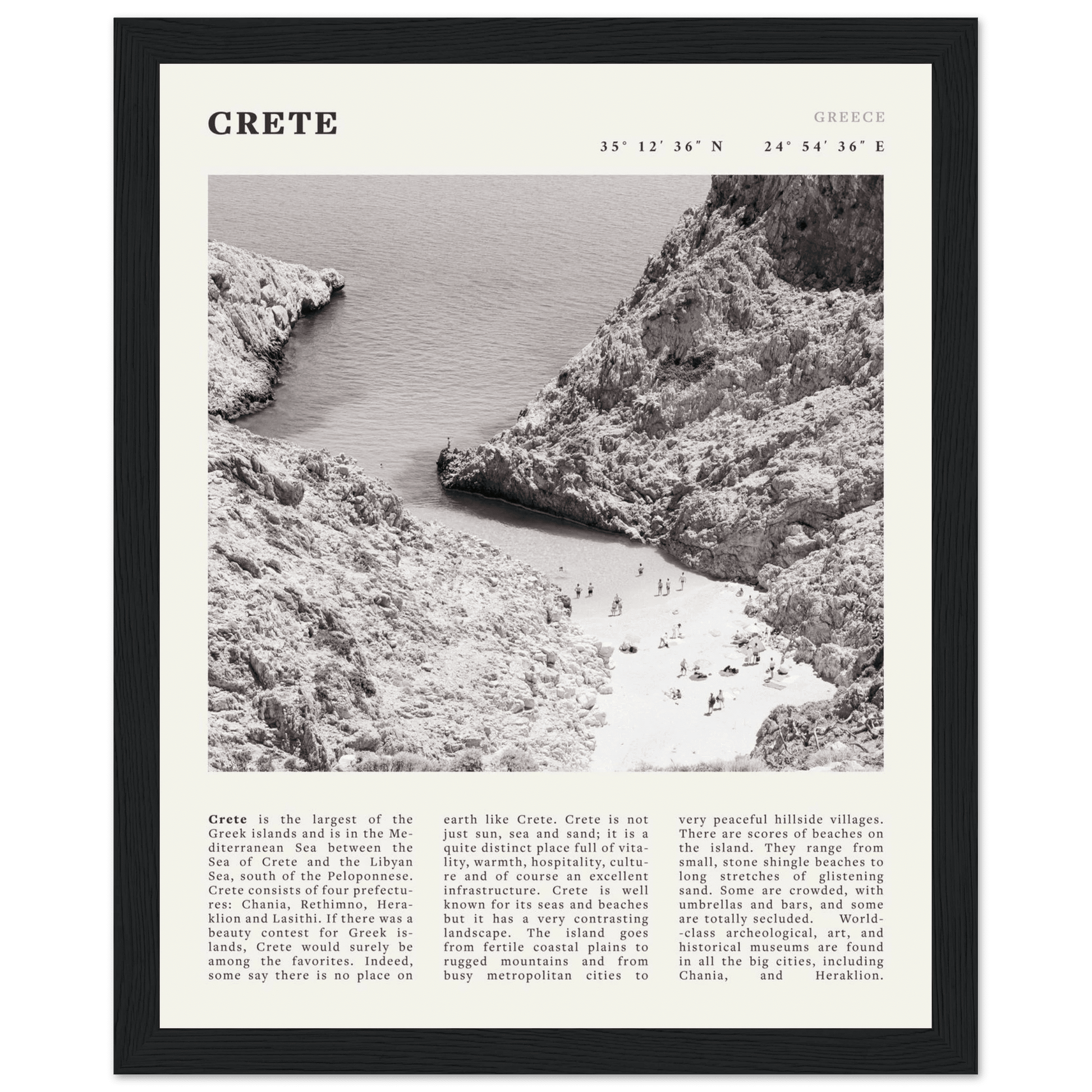 Crete Poster | Black & White Greece Beach Wall Art | Mediterranean Travel Print - Evergreen Posters