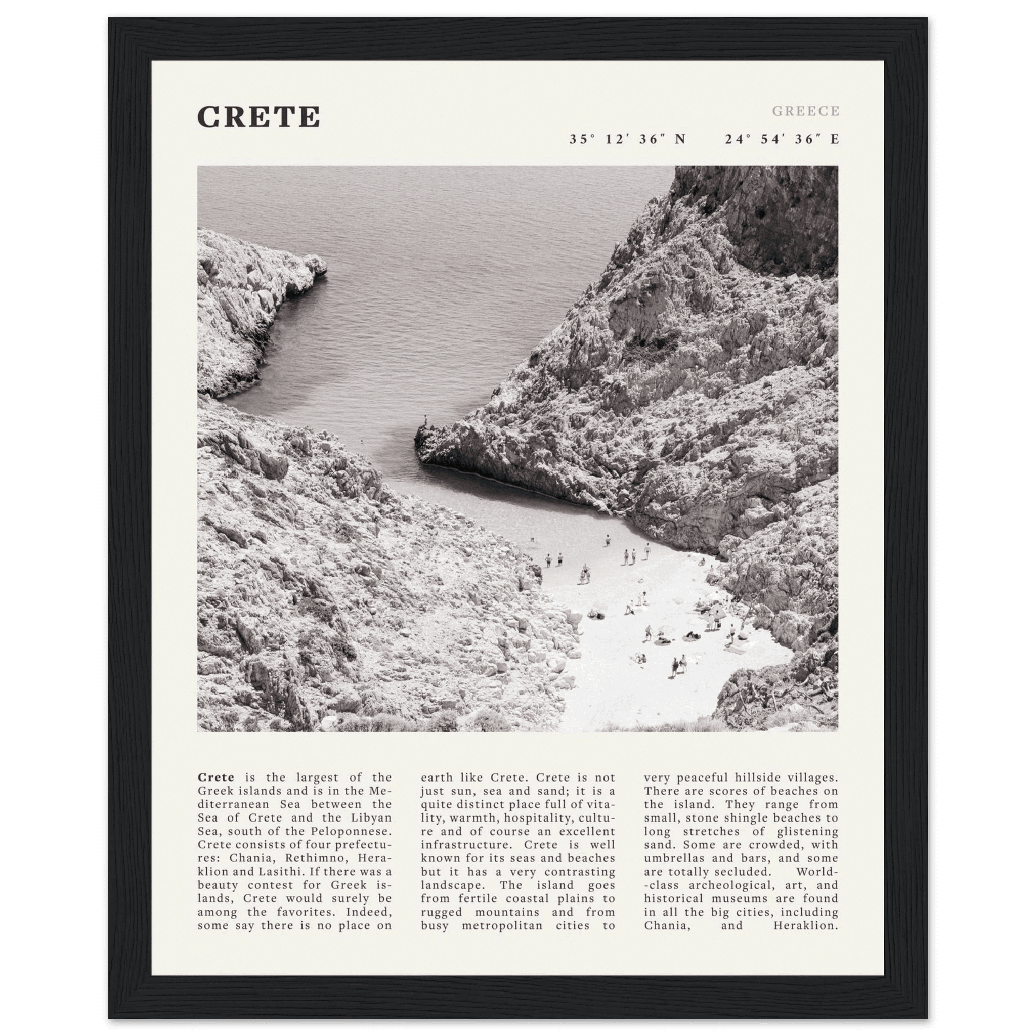 Crete Poster | Black & White Greece Beach Wall Art | Mediterranean Travel Print - Evergreen Posters