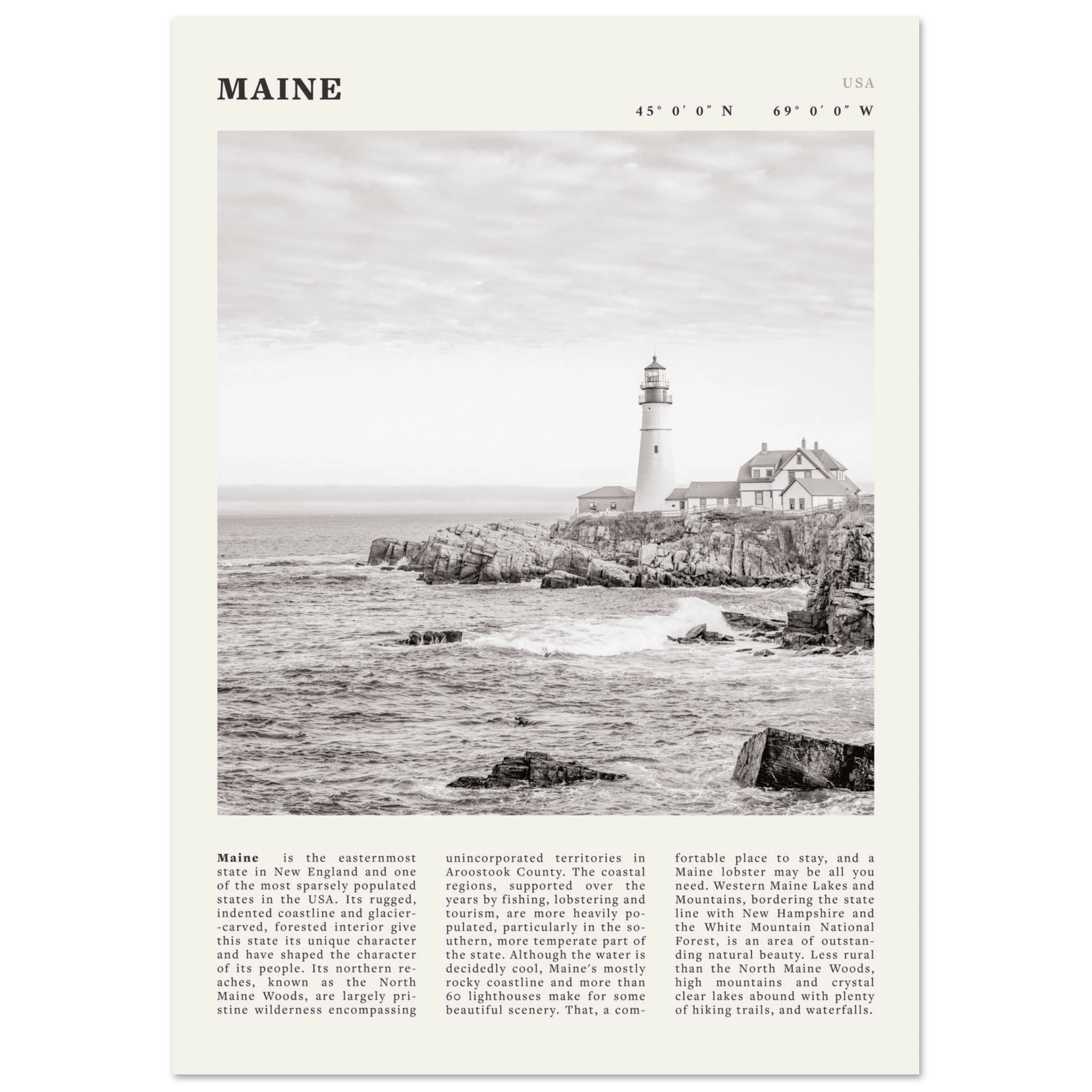 Maine Poster | Black & White Lighthouse Wall Art | New England Coastal Travel Print - Evergreen Posters