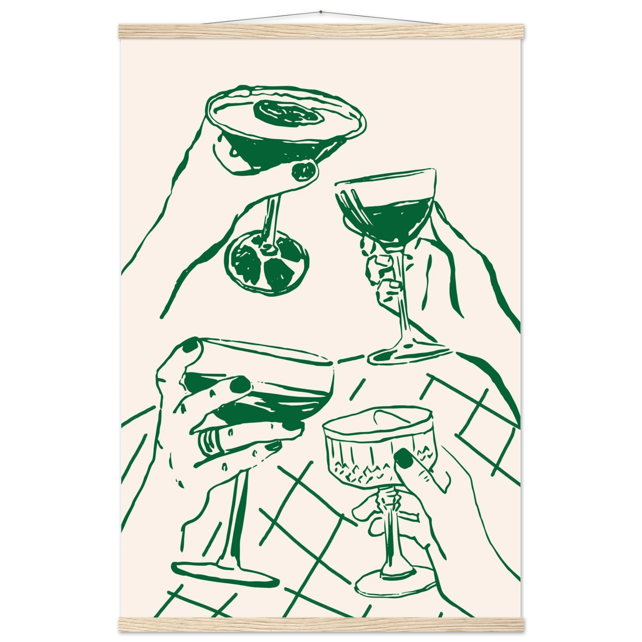 Cheers Print | Forest Green Cocktail Glasses Wall Art | Kitchen Bar Poster - Evergreen Posters