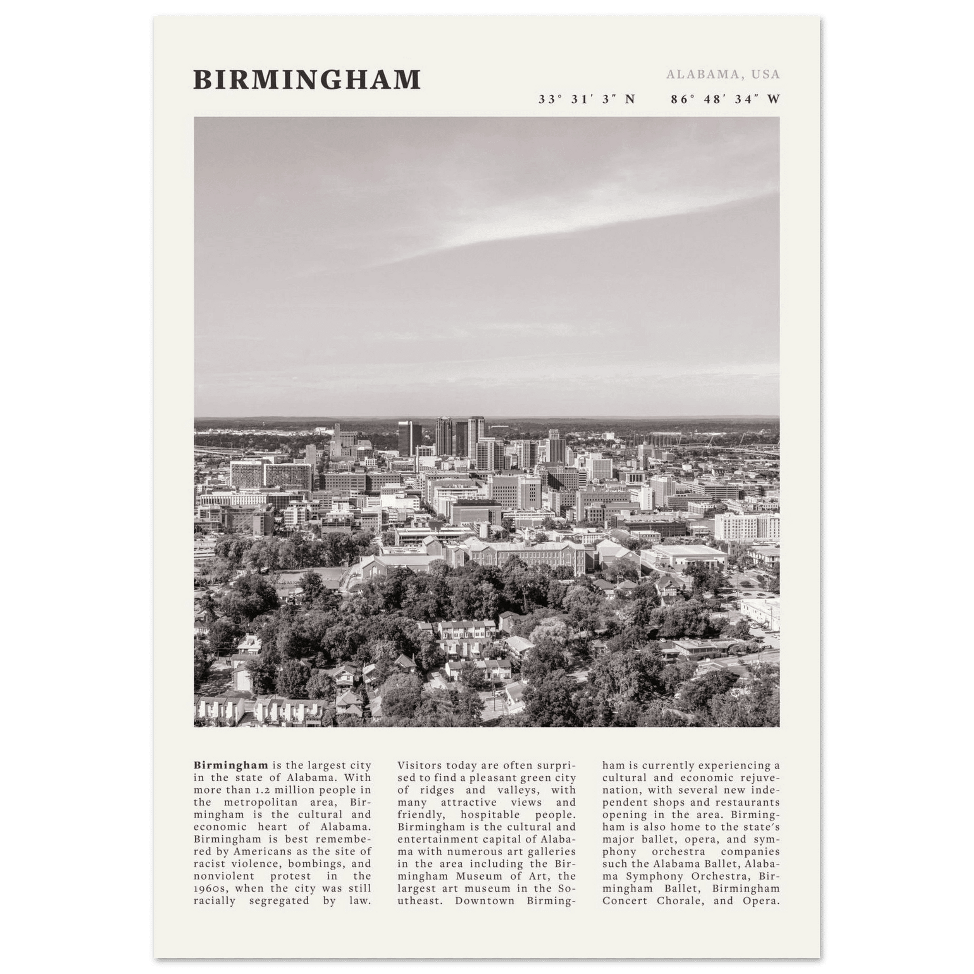 Birmingham Poster | Black & White Alabama Skyline Wall Art | AL Travel Print - Evergreen Posters