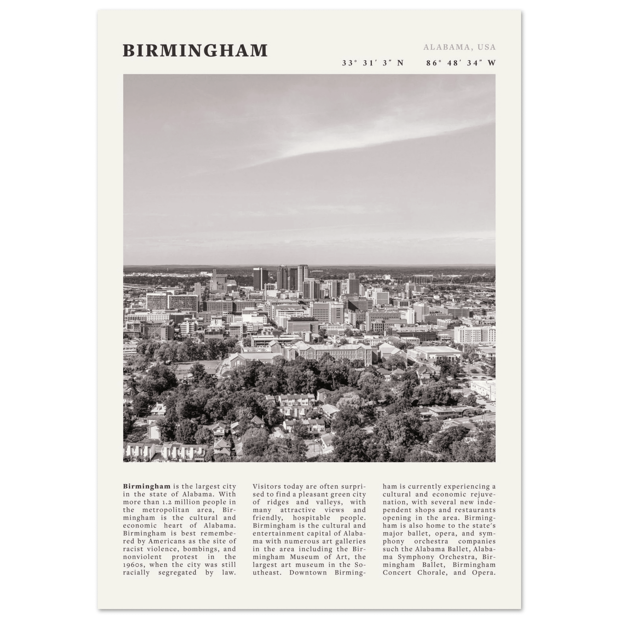 Birmingham Poster | Black & White Alabama Skyline Wall Art | AL Travel Print - Evergreen Posters