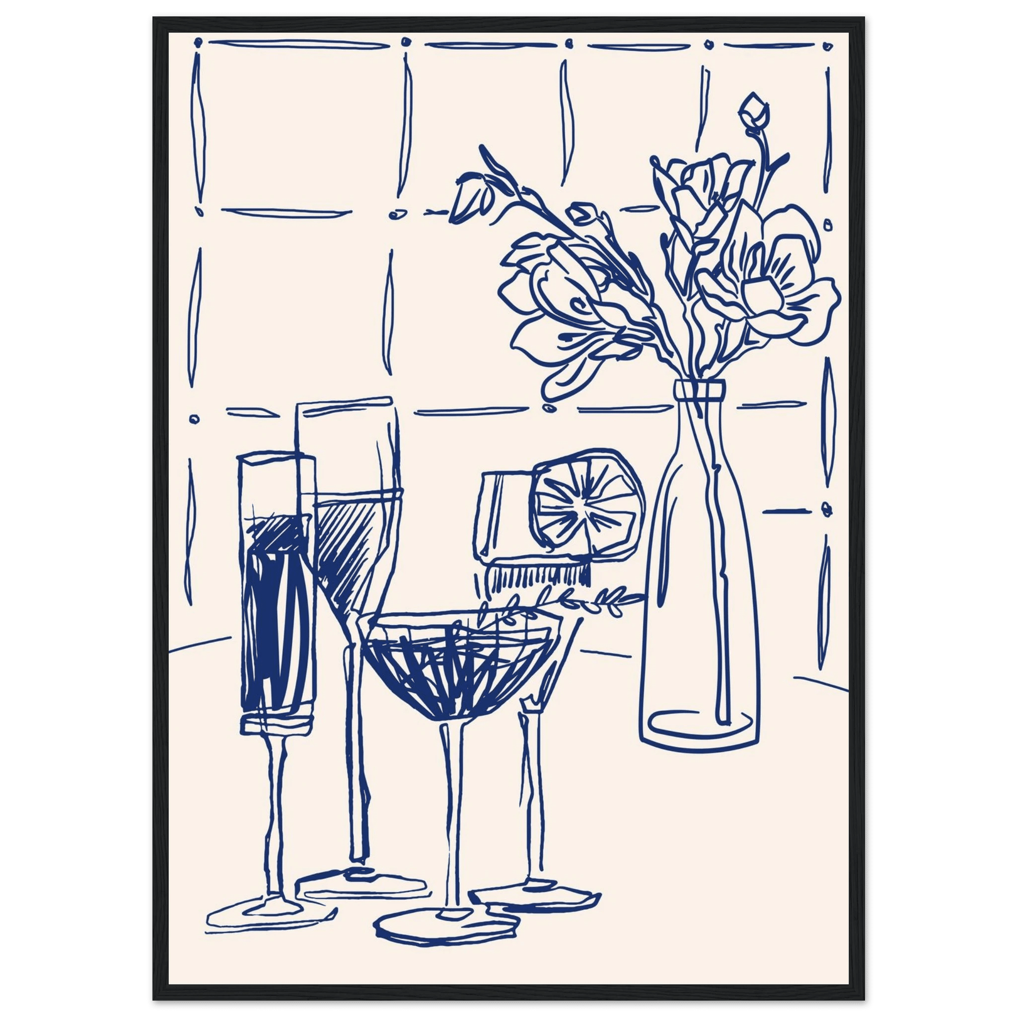 Cocktails & Flowers Print | Navy Blue Line Art Drinks Wall Art | Kitchen Bar Poster - Evergreen Posters
