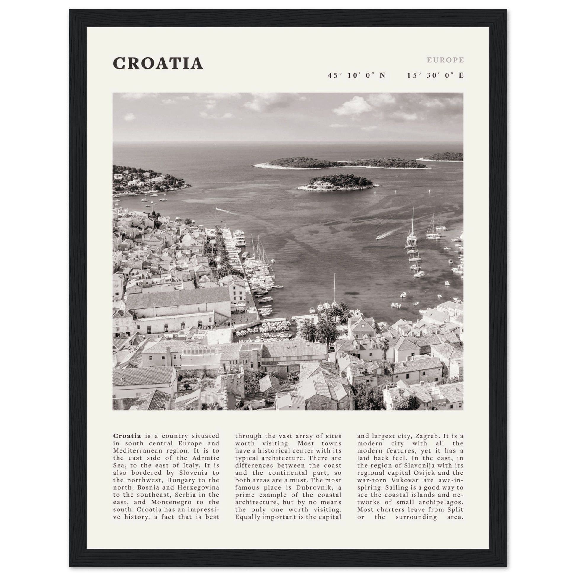 Croatia Poster | Black & White Hvar Island Wall Art | Adriatic Travel Print Decor - Evergreen Posters