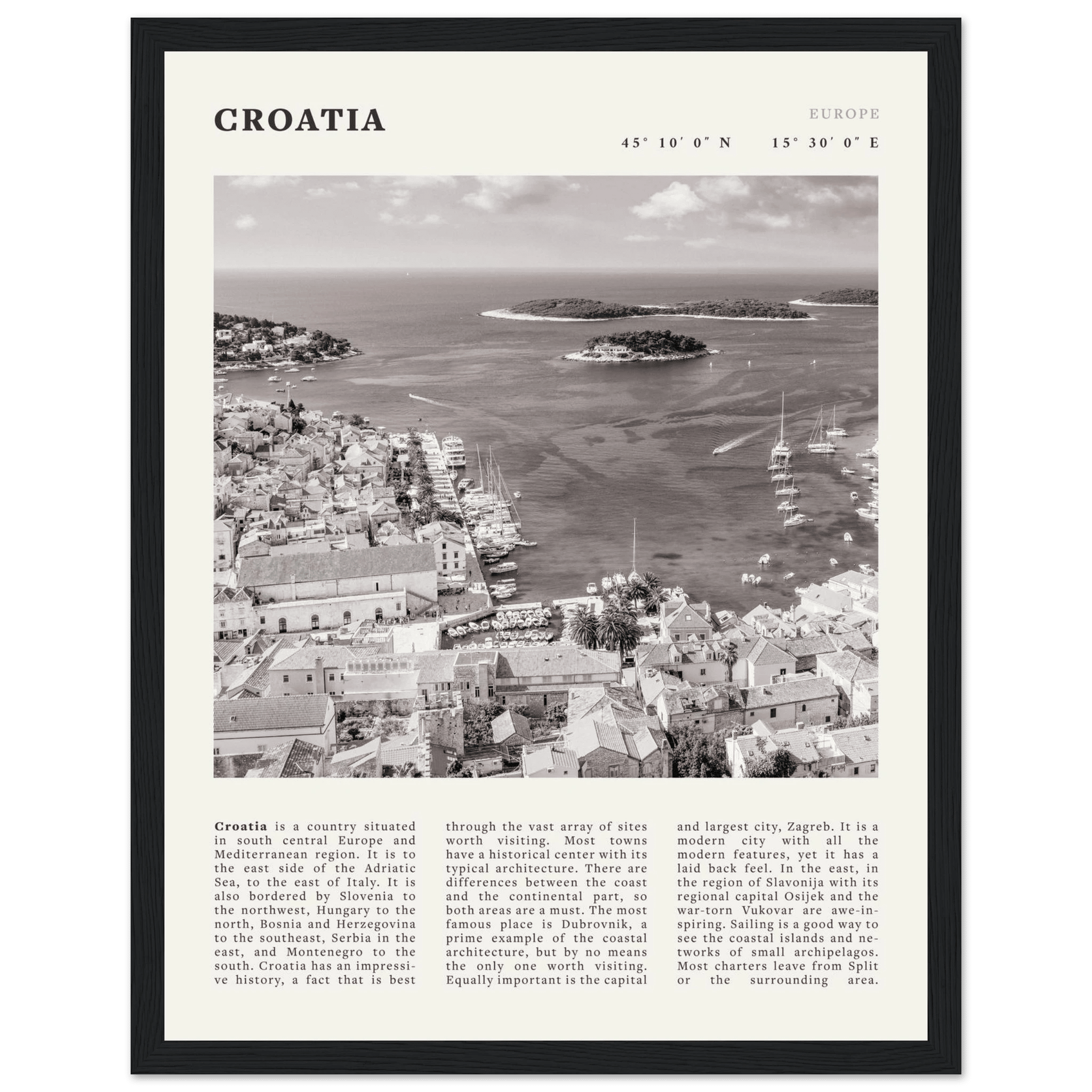 Croatia Poster | Black & White Hvar Island Wall Art | Adriatic Travel Print Decor - Evergreen Posters