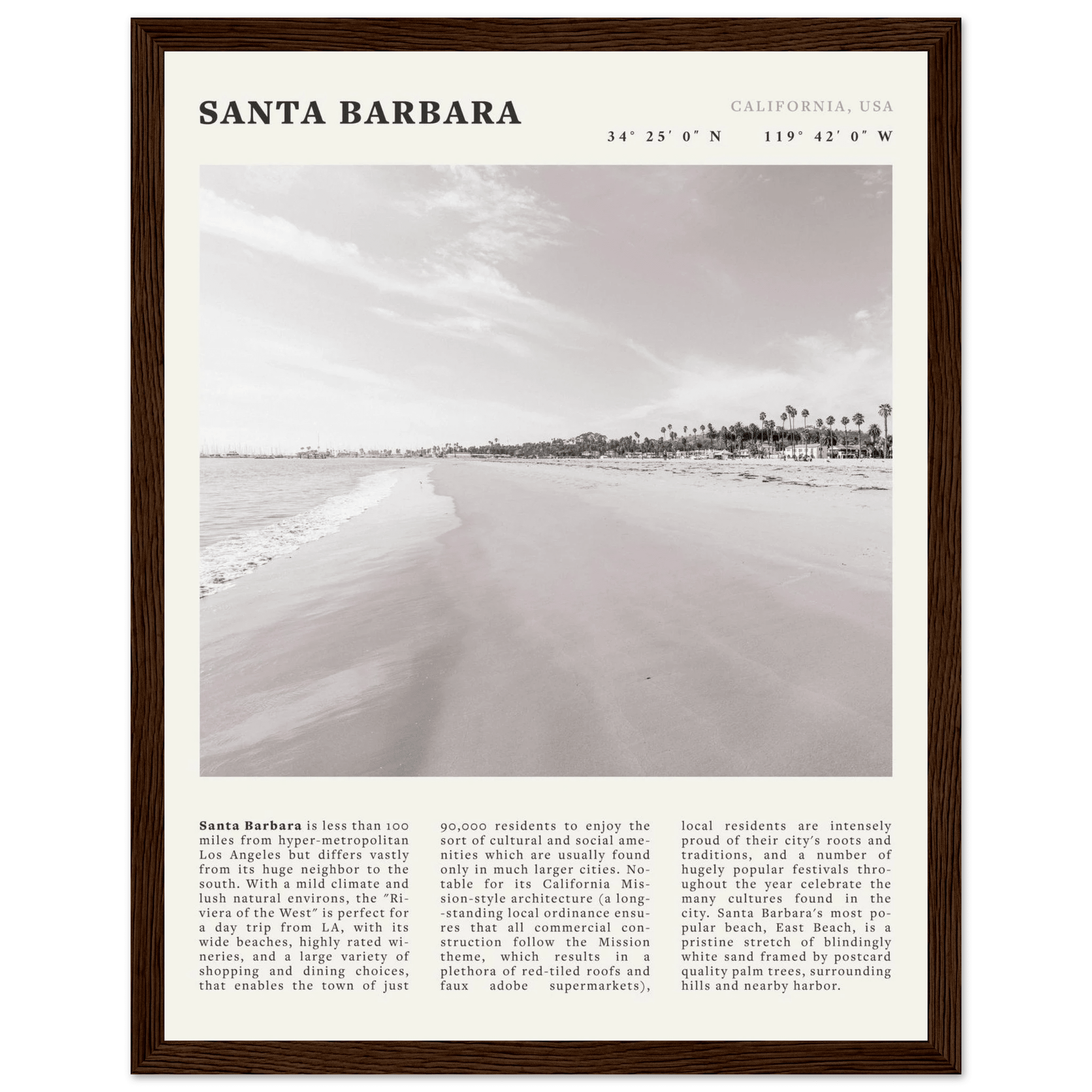 Santa Barbara Poster | Black & White California Beach Wall Art | CA Travel Print - Evergreen Posters