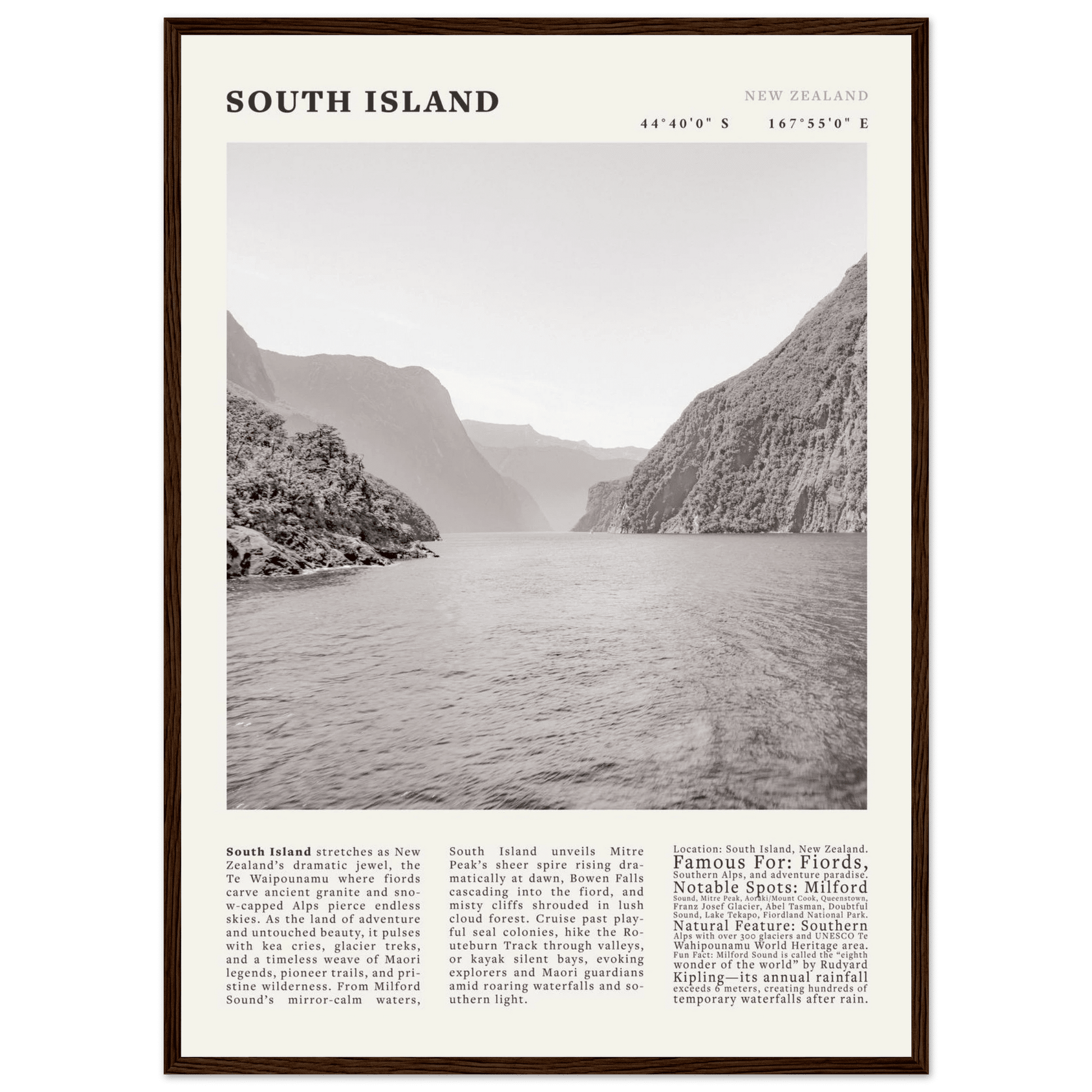South Island New Zealand Poster Black and White – Vintage Milford Sound Fjord Print - Evergreen Posters