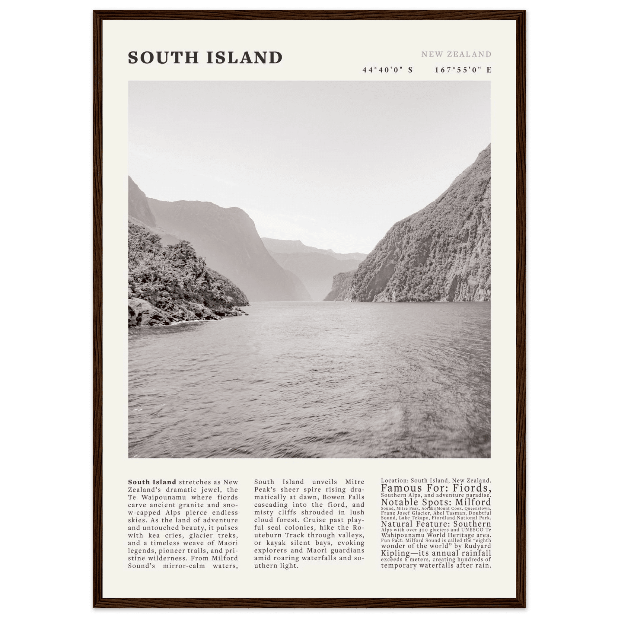 South Island New Zealand Poster Black and White – Vintage Milford Sound Fjord Print - Evergreen Posters